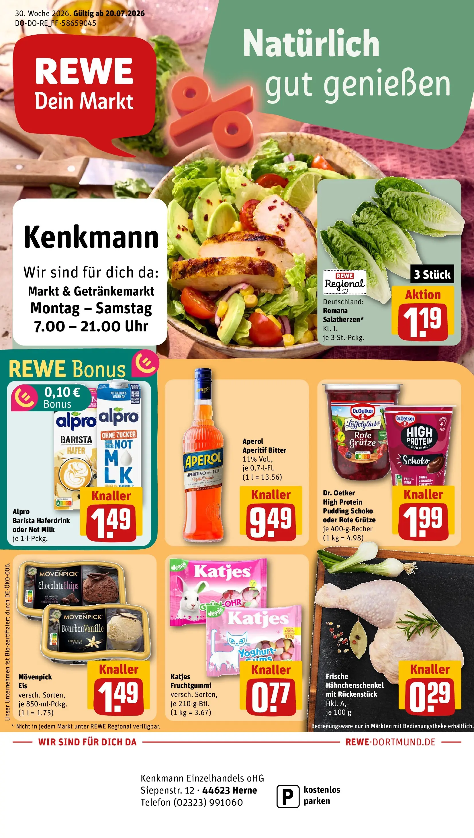 REWE Prospekt ab 20.07.2026 zum Blättern » Angebote | Seite: 1 | Produkte: Hahnchenschenkel, Alpro, Zucker, Uhr