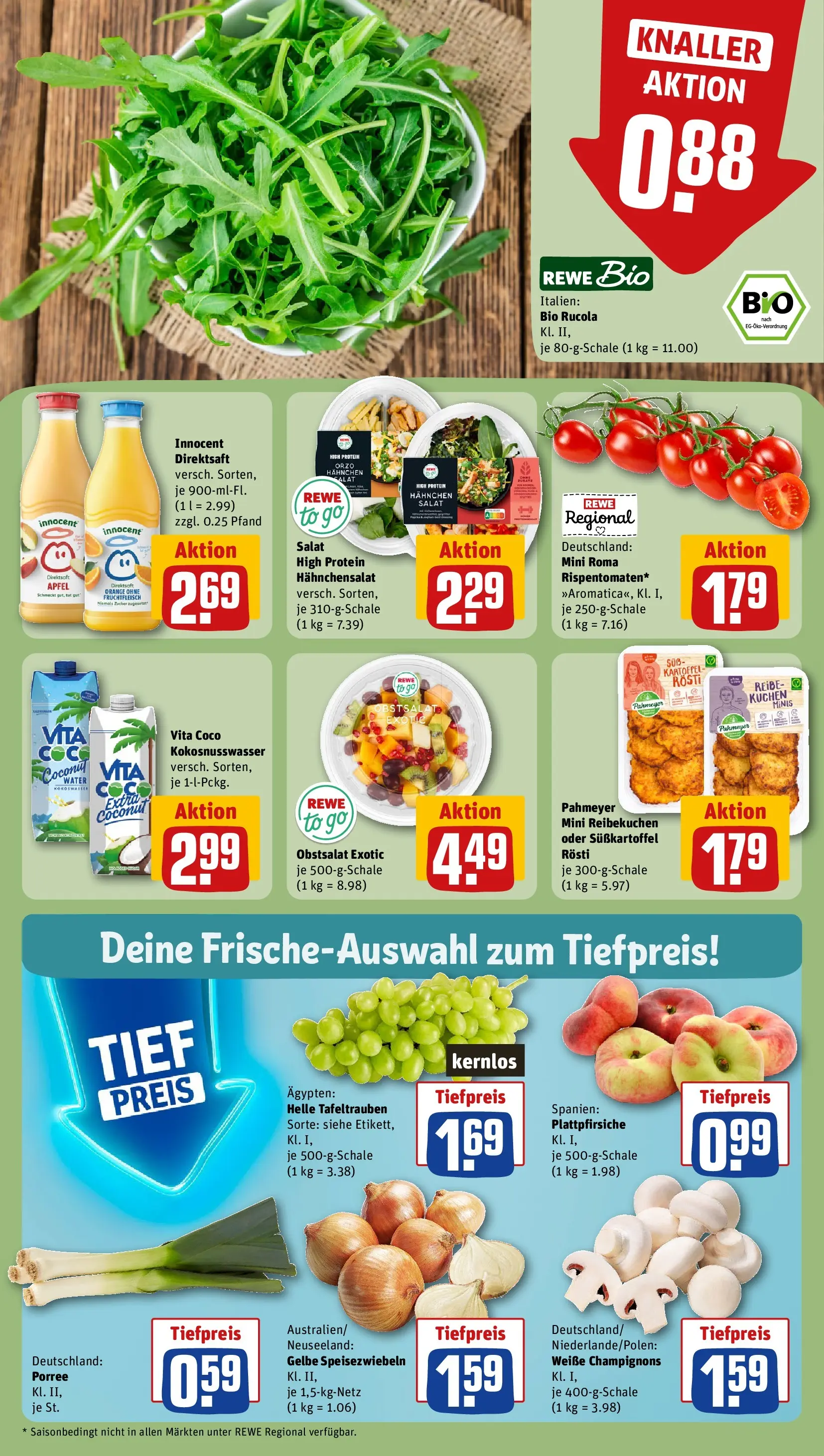 REWE Prospekt ab 20.07.2026 zum Blättern » Angebote | Seite: 8 | Produkte: Hahnchen, Rucola, Champignons, Kuchen
