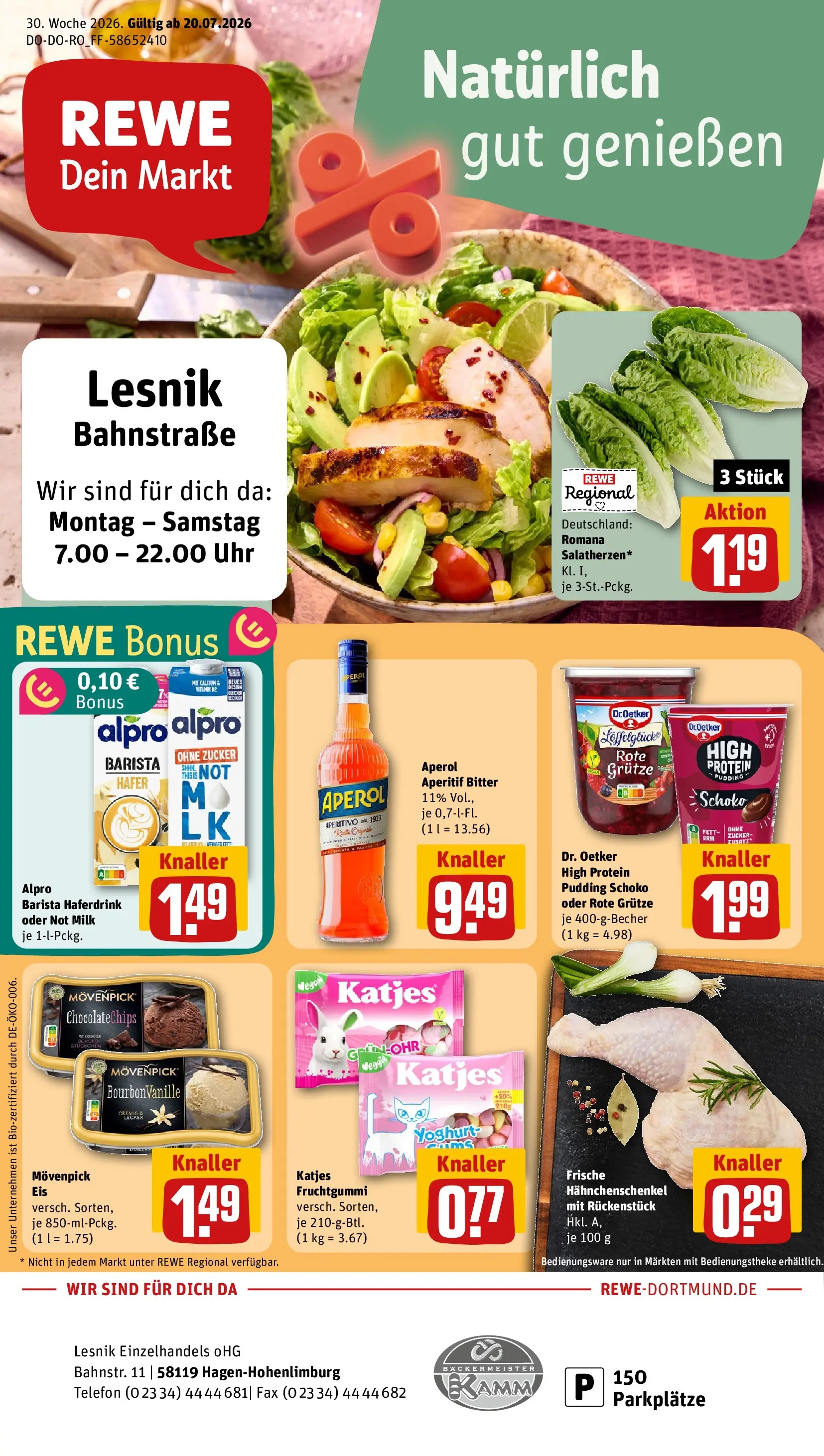 REWE Prospekt ab 20.07.2026 zum Blättern » Angebote | Seite: 1 | Produkte: Hahnchenschenkel, Haferdrink, Alpro, Telefon