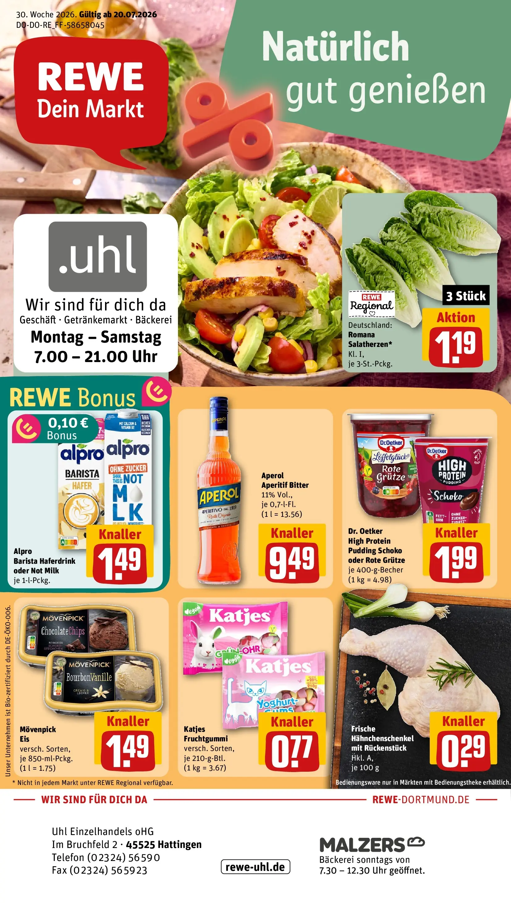 REWE Prospekt ab 20.07.2026 zum Blättern » Angebote | Seite: 1 | Produkte: Katjes, Pudding, Aperol, Uhr