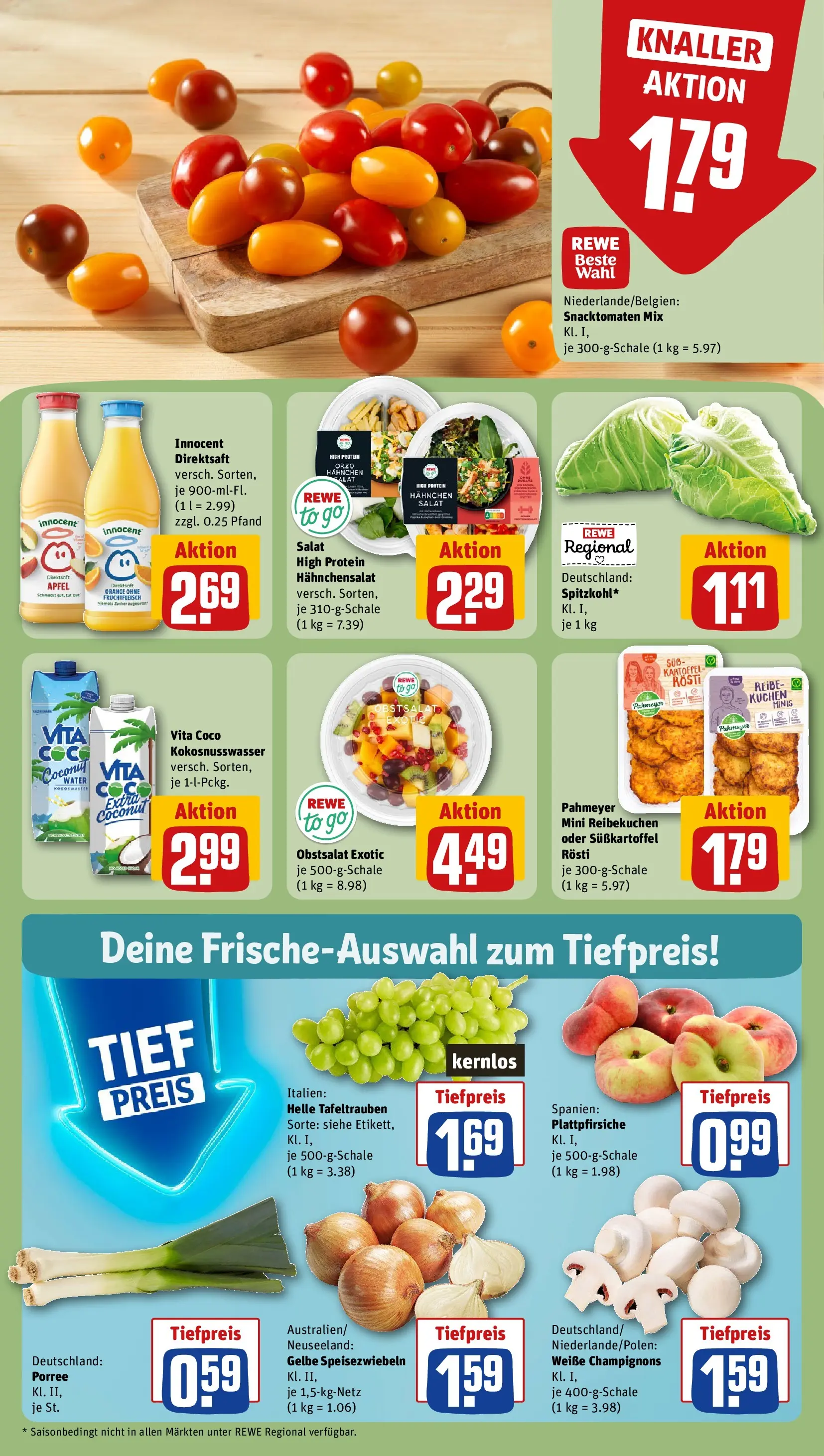 REWE Prospekt ab 20.07.2026 zum Blättern » Angebote | Seite: 8 | Produkte: Hahnchen, Äpfel, Kuchen, Salat
