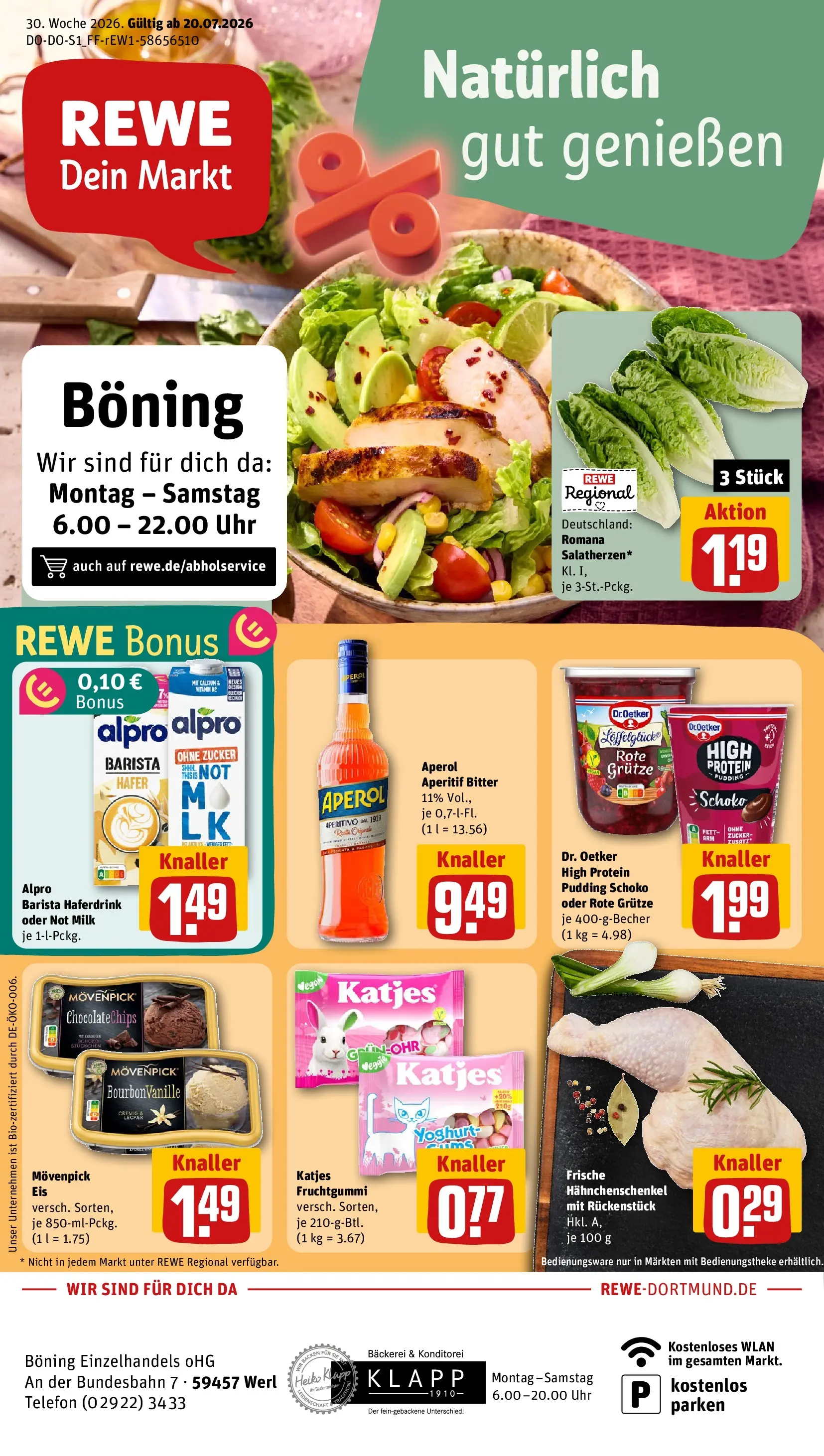 REWE Prospekt ab 20.07.2026 zum Blättern » Angebote | Seite: 1 | Produkte: Bäckerei, Katjes, Pudding, Alpro
