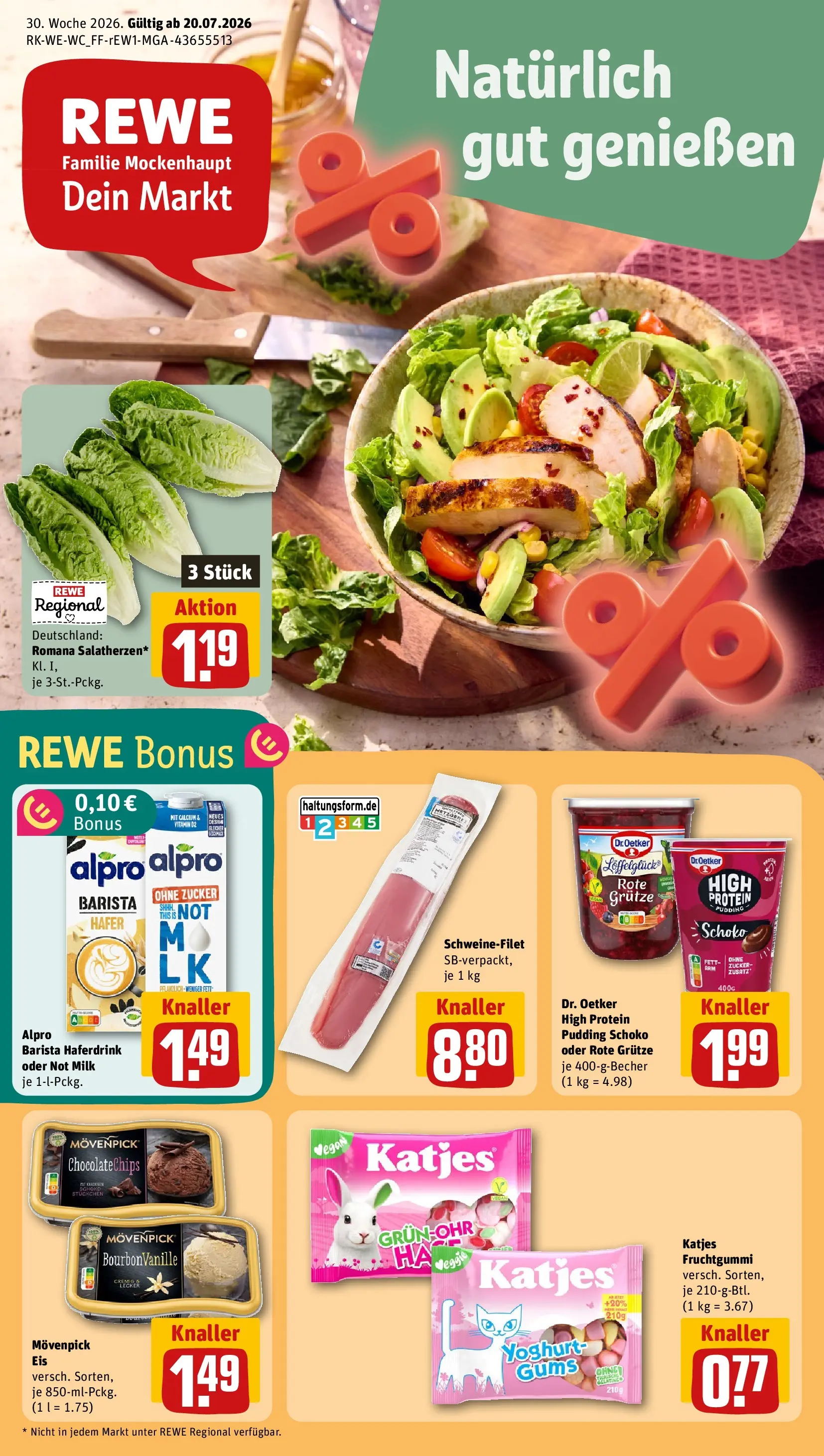 REWE Prospekt ab 20.07.2026 zum Blättern » Angebote | Seite: 1 | Produkte: Katjes, Pudding, Haferdrink, Schweinefilet