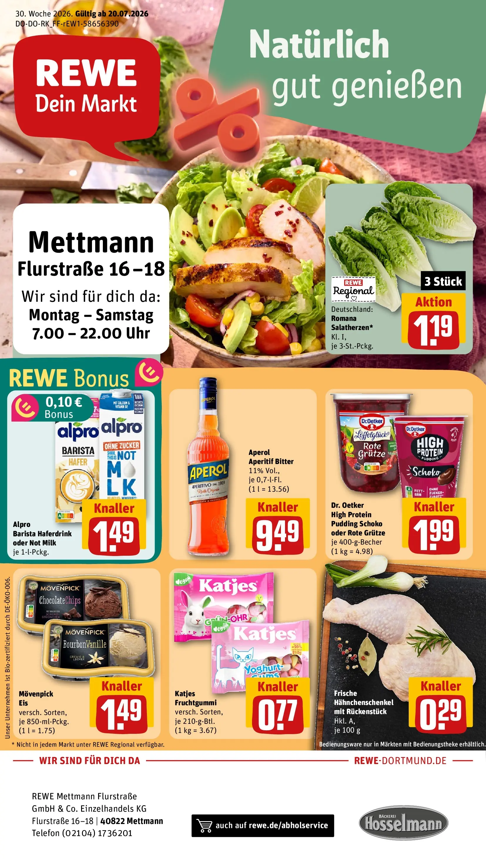 REWE Prospekt ab 20.07.2026 zum Blättern » Angebote | Seite: 1 | Produkte: High protein pudding, Haferdrink, Alpro, Aperol