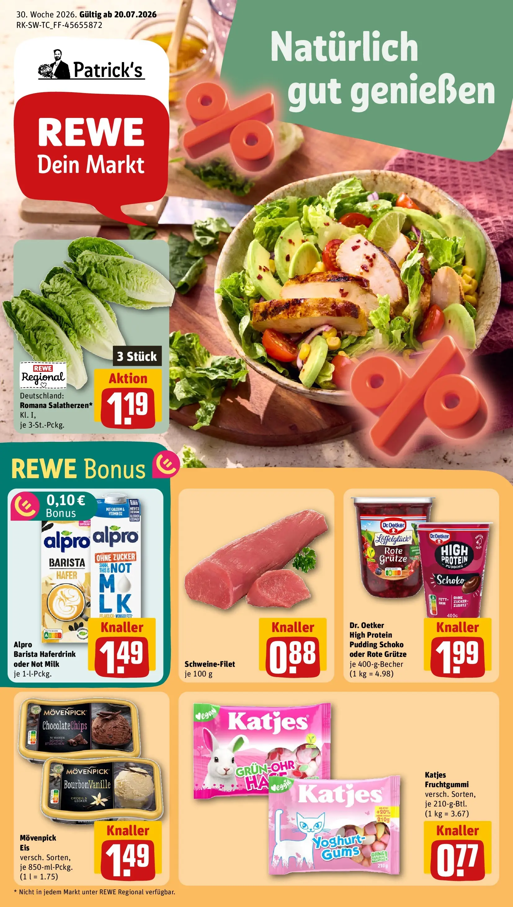 REWE Prospekt ab 20.07.2026 zum Blättern » Angebote | Seite: 1 | Produkte: Pudding, Schweinefilet, Alpro, Zucker