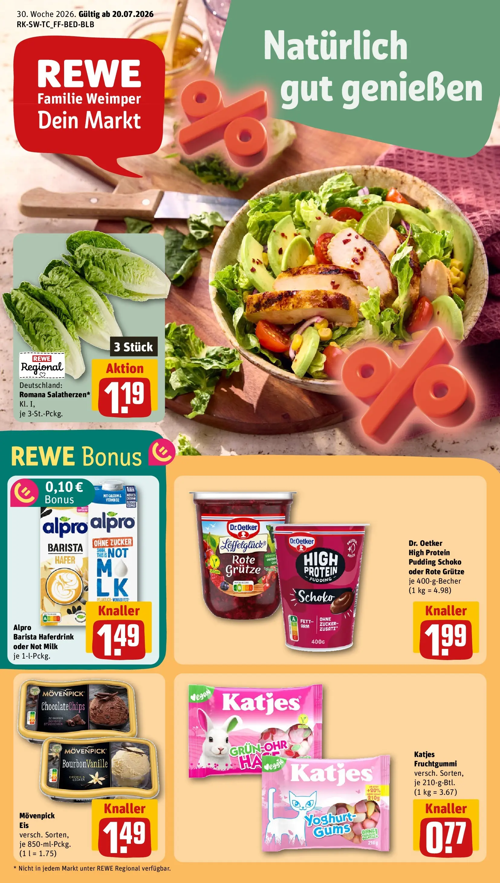 REWE Prospekt ab 20.07.2026 zum Blättern » Angebote | Seite: 1 | Produkte: Katjes, Pudding, Alpro, Zucker