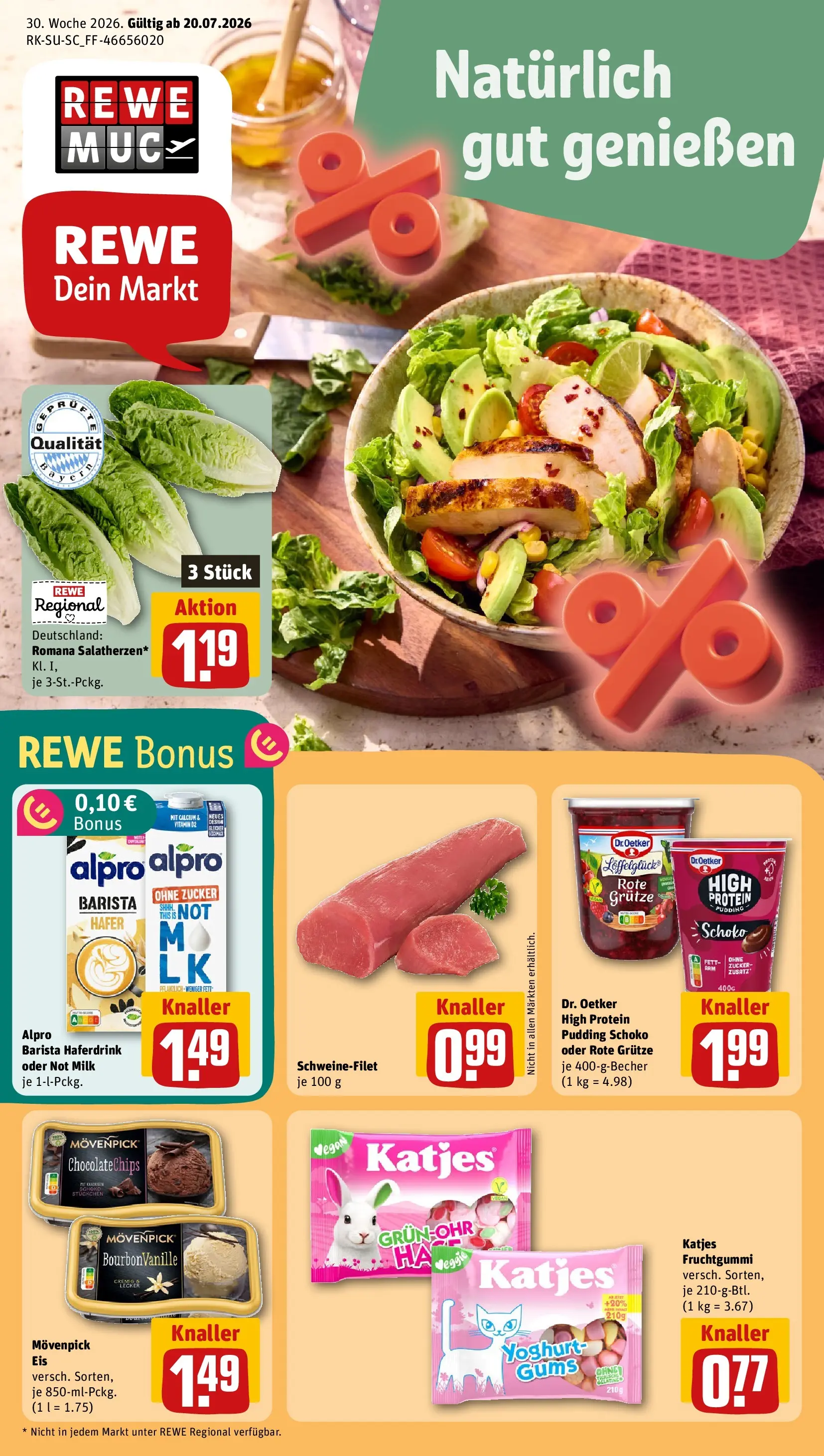 REWE Prospekt ab 20.07.2026 zum Blättern » Angebote | Seite: 1 | Produkte: Katjes, Pudding, Haferdrink, Alpro