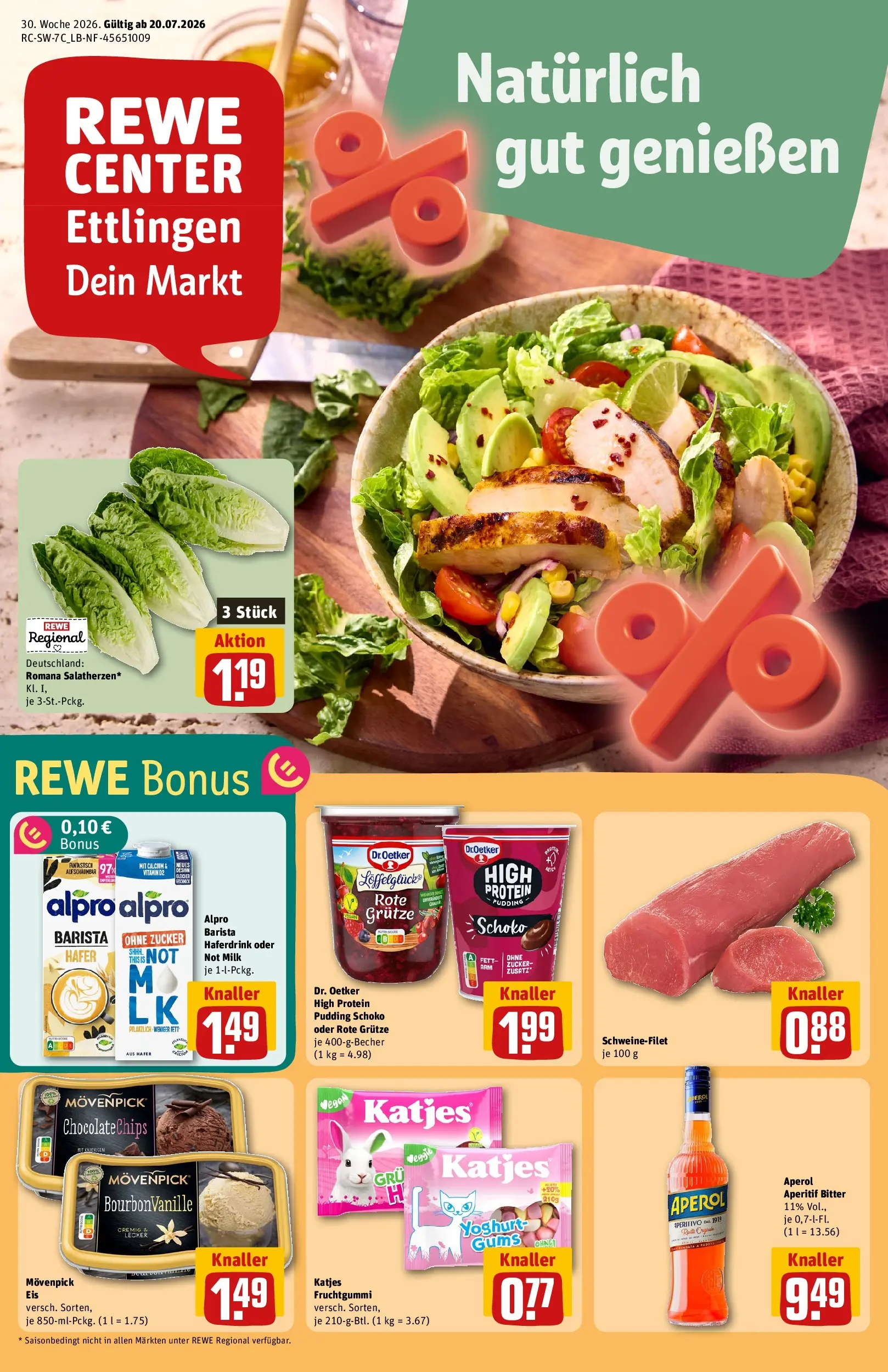 REWE Prospekt ab 20.07.2026 zum Blättern » Angebote | Seite: 1 | Produkte: High protein pudding, Katjes, Zucker, Aperol