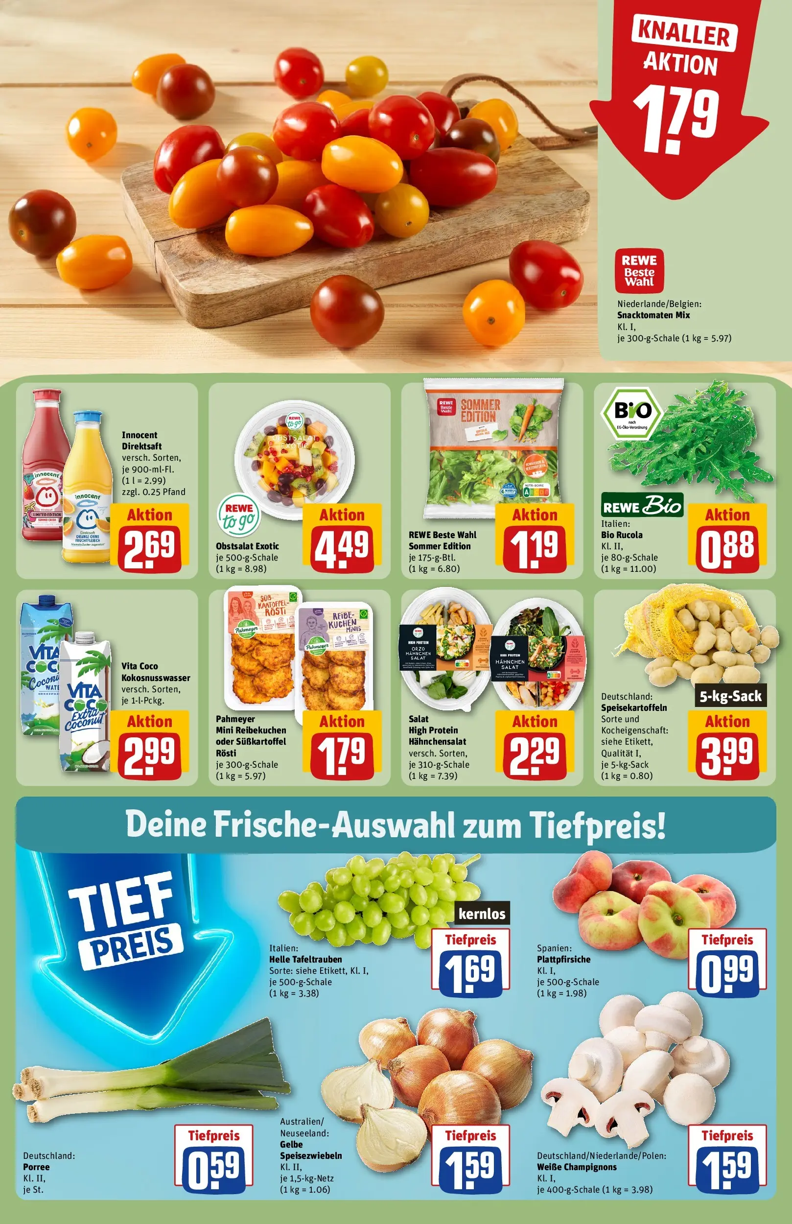 REWE Prospekt ab 20.07.2026 zum Blättern » Angebote | Seite: 8 | Produkte: Hahnchen, Champignons, Kuchen, Salat