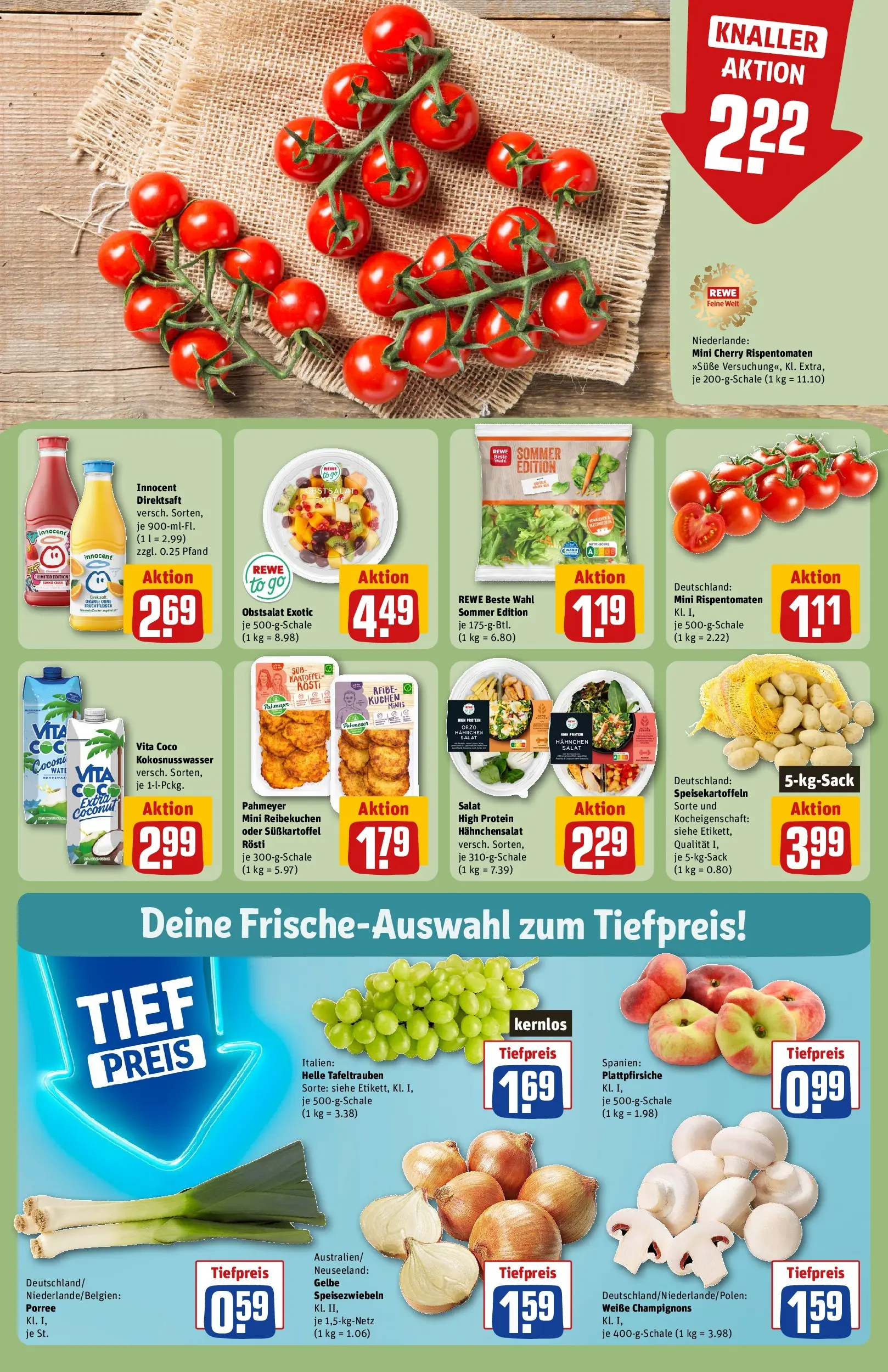 REWE Prospekt ab 20.07.2026 zum Blättern » Angebote | Seite: 8 | Produkte: Hahnchen, Champignons, Kuchen, Salat