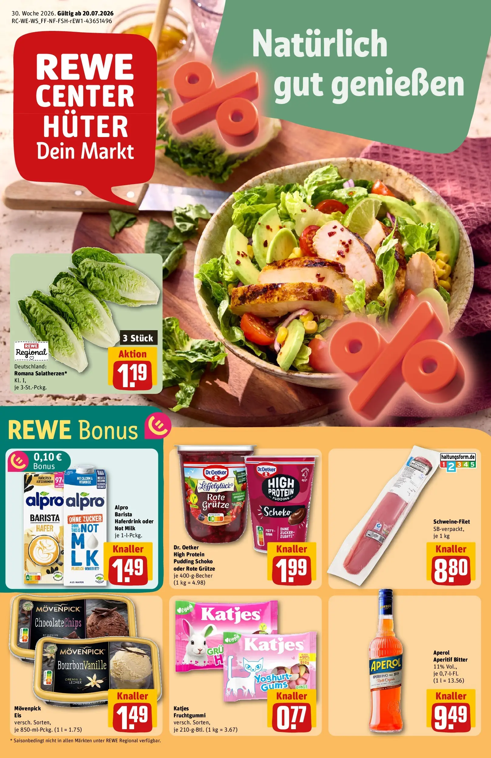 REWE Prospekt ab 20.07.2026 zum Blättern » Angebote | Seite: 1 | Produkte: High protein pudding, Haferdrink, Schweinefilet, Aperol