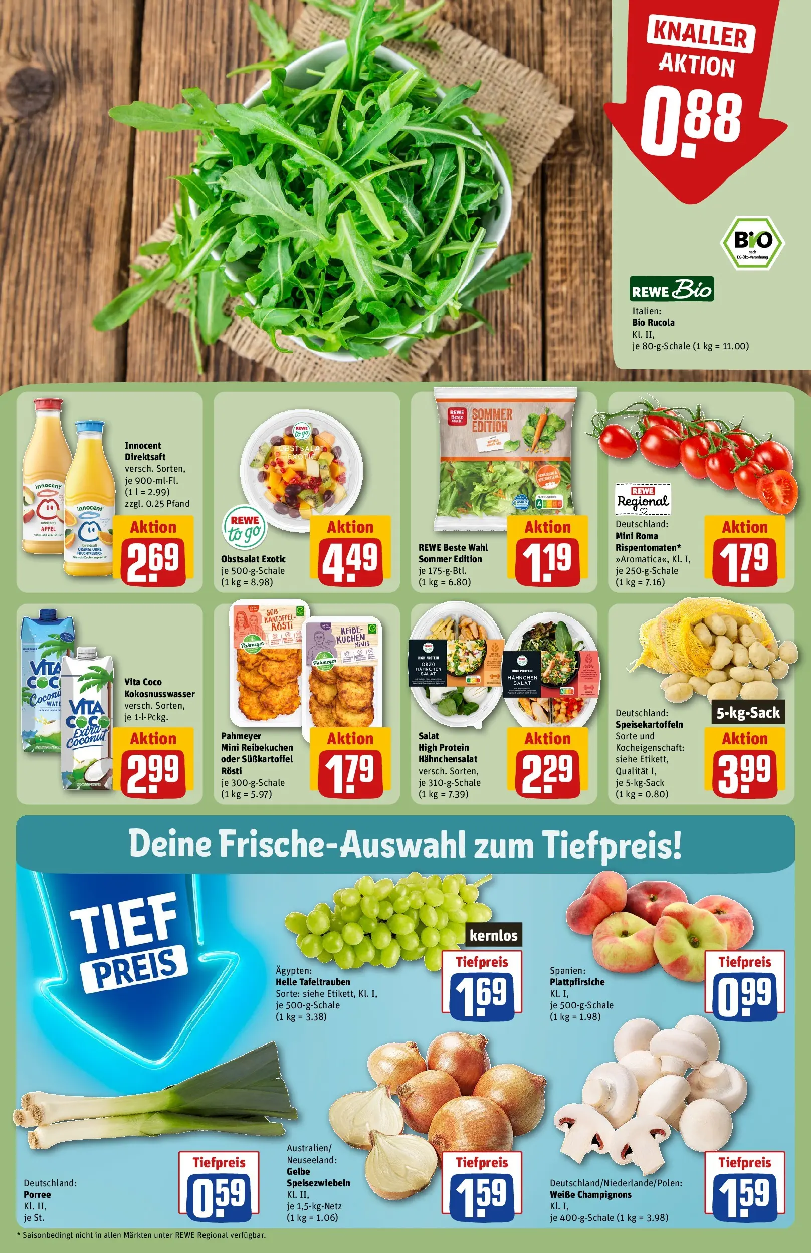 REWE Prospekt ab 20.07.2026 zum Blättern » Angebote | Seite: 8 | Produkte: Hahnchen, Rucola, Äpfel, Salat