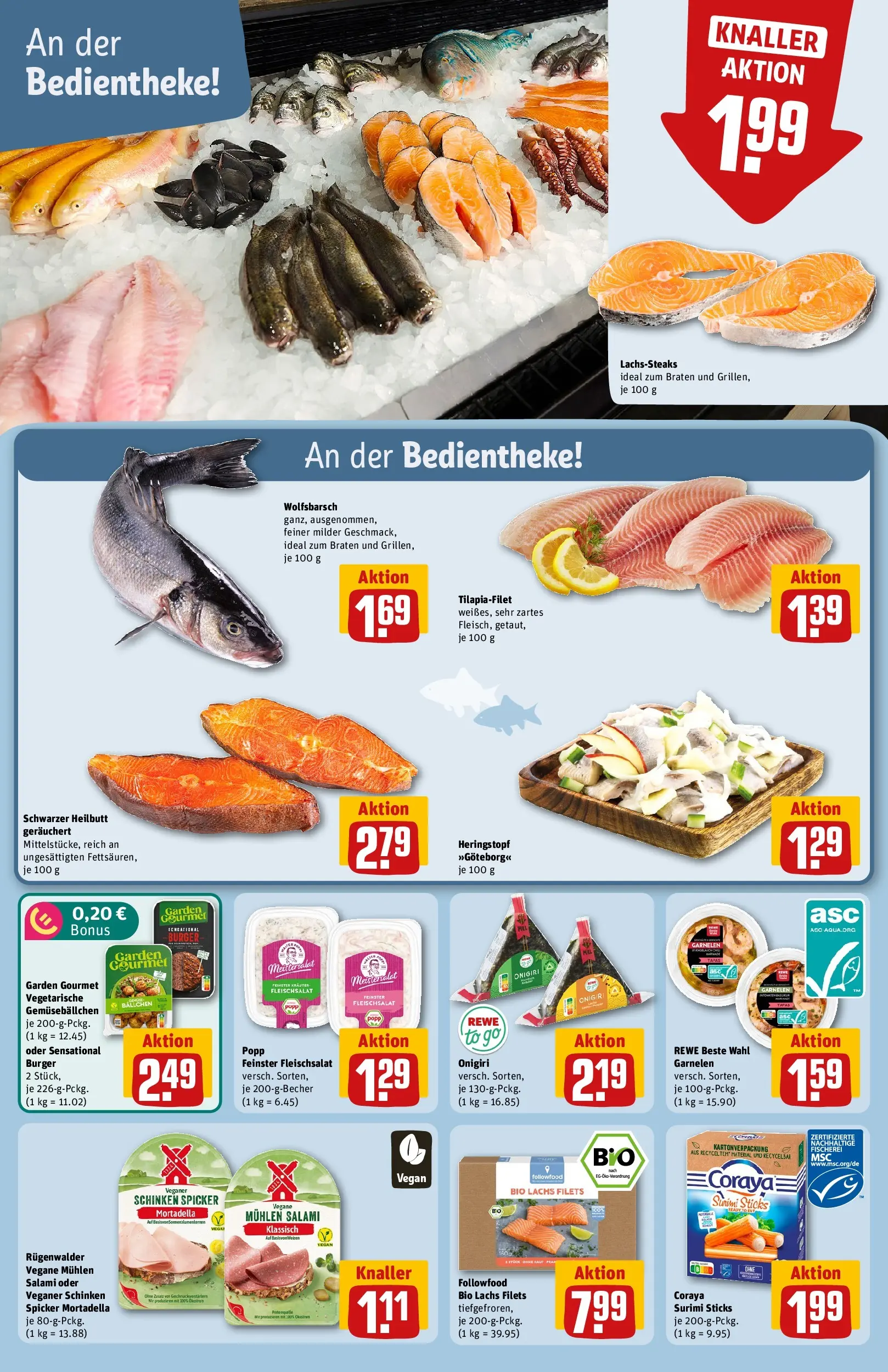 REWE Prospekt ab 20.07.2026 zum Blättern » Angebote | Seite: 14 | Produkte: Burger, Garnelen, Lachs, Salami