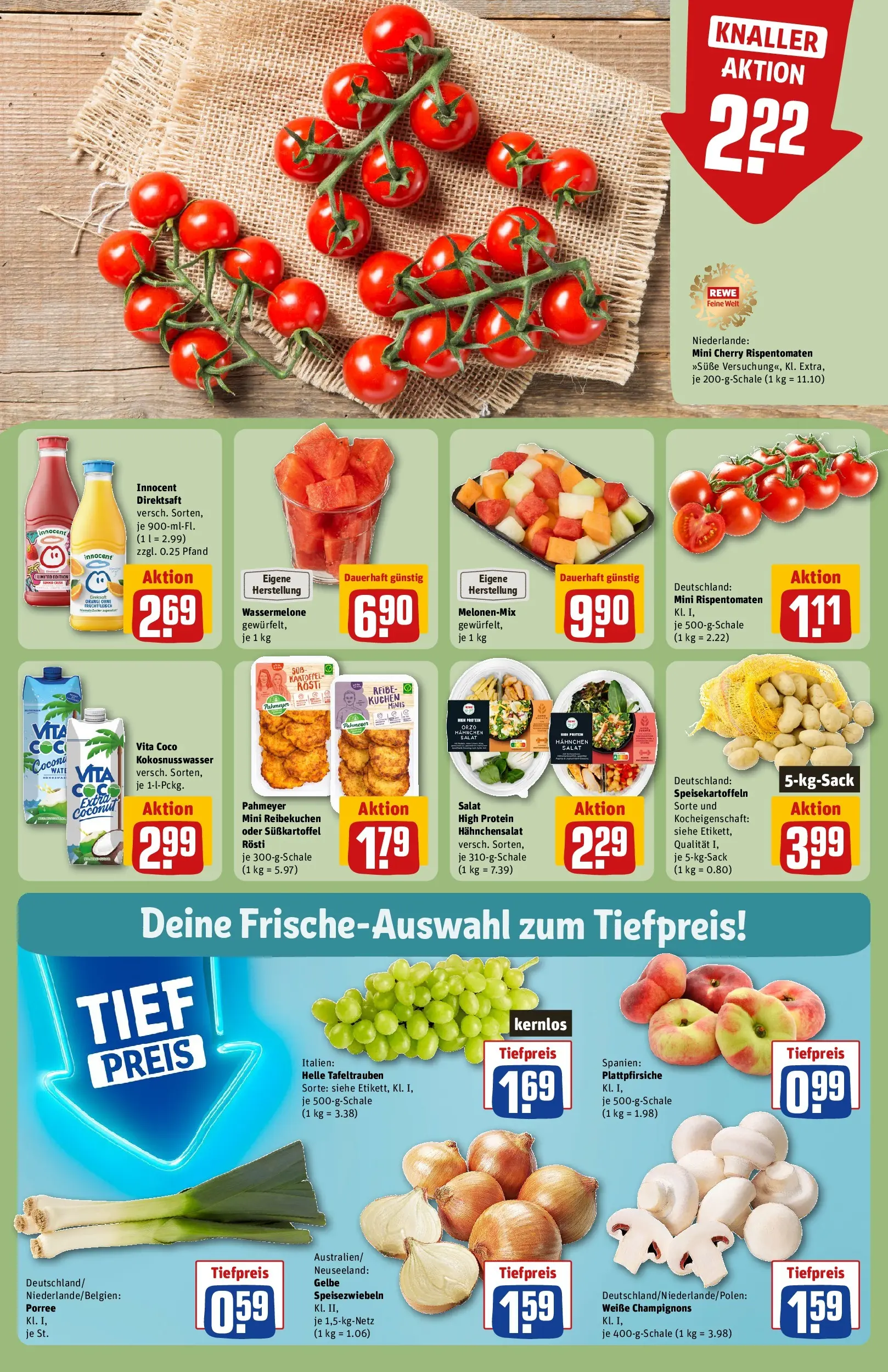 REWE Prospekt ab 20.07.2026 zum Blättern » Angebote | Seite: 8 | Produkte: Hahnchen, Champignons, Kuchen, Salat