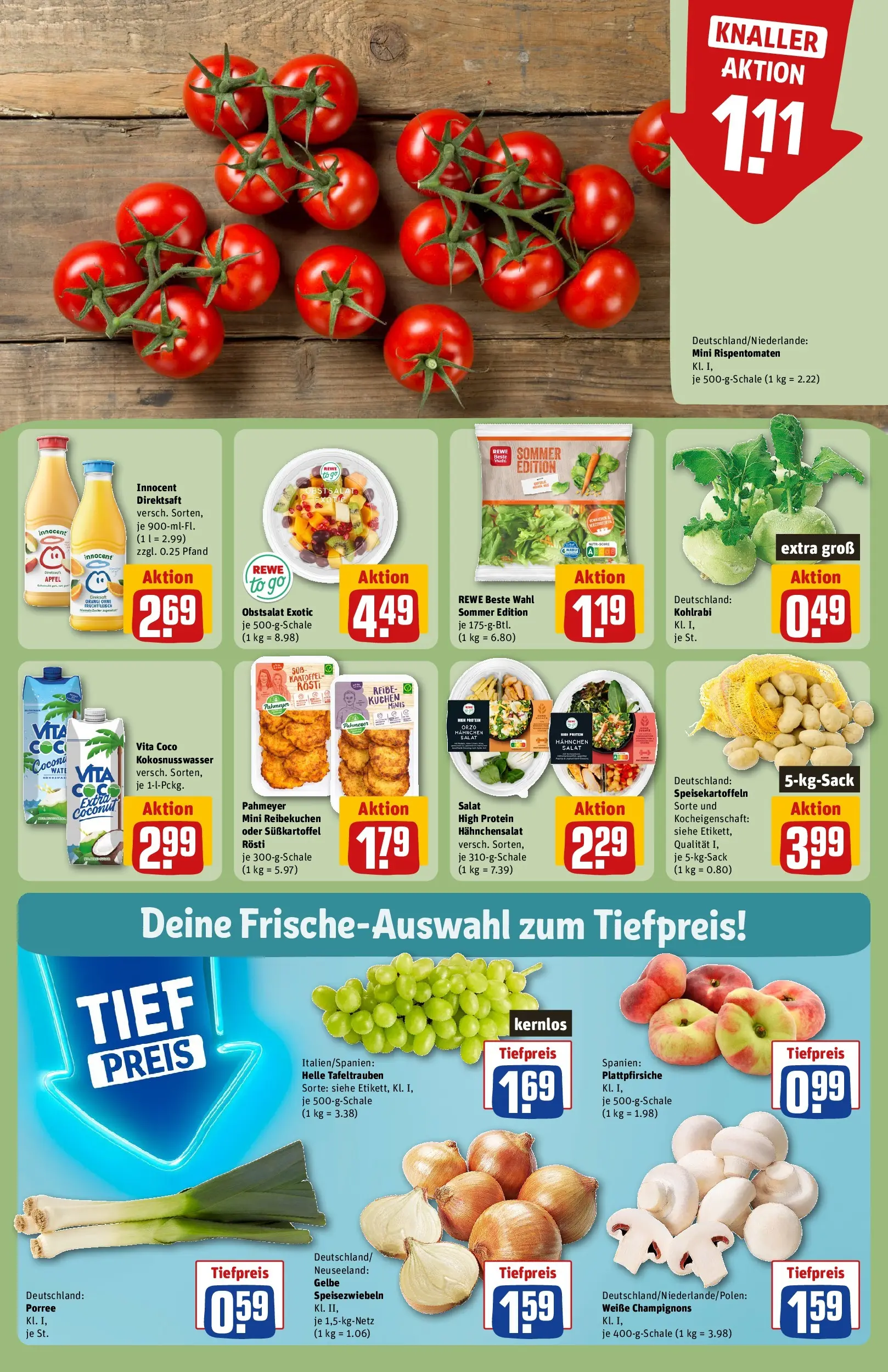 REWE Prospekt ab 20.07.2026 zum Blättern » Angebote | Seite: 8 | Produkte: Hahnchen, Kohlrabi, Äpfel, Champignons