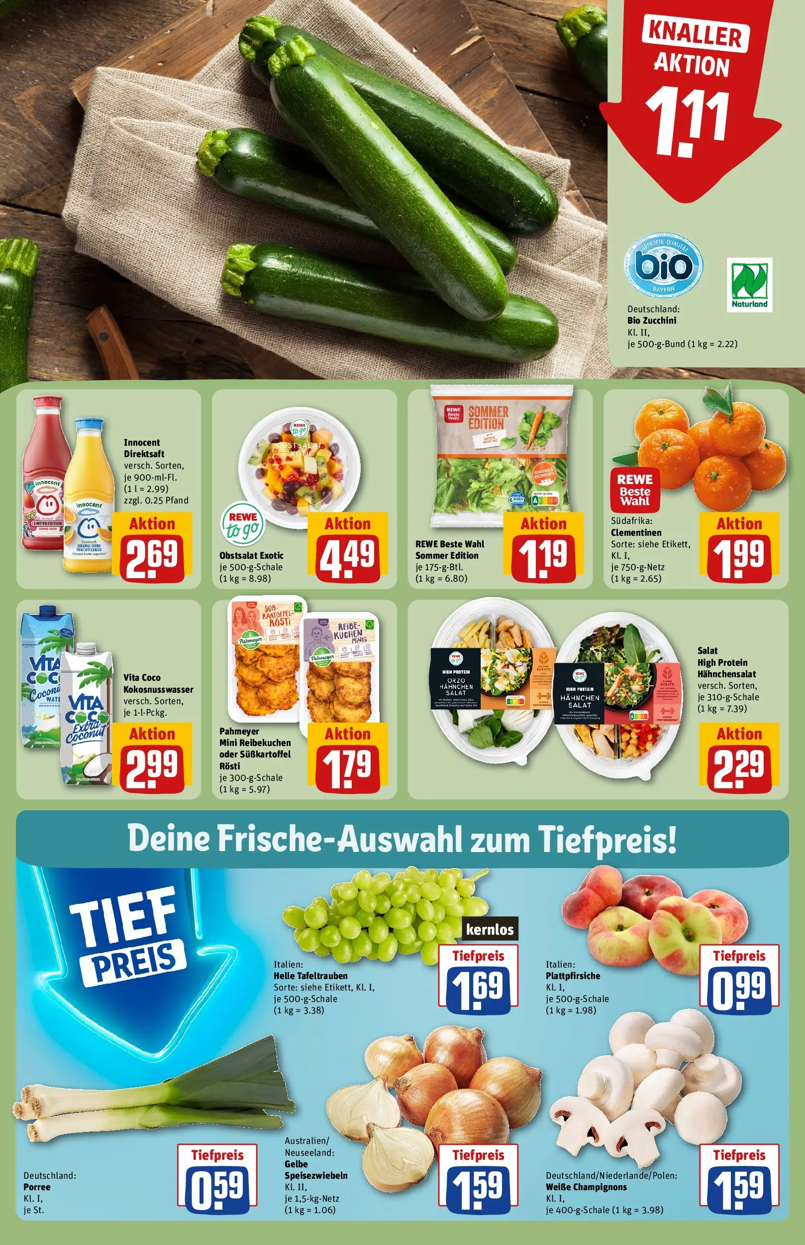REWE Prospekt ab 20.07.2026 zum Blättern » Angebote | Seite: 8 | Produkte: Hahnchen, Zucchini, Kuchen, Salat