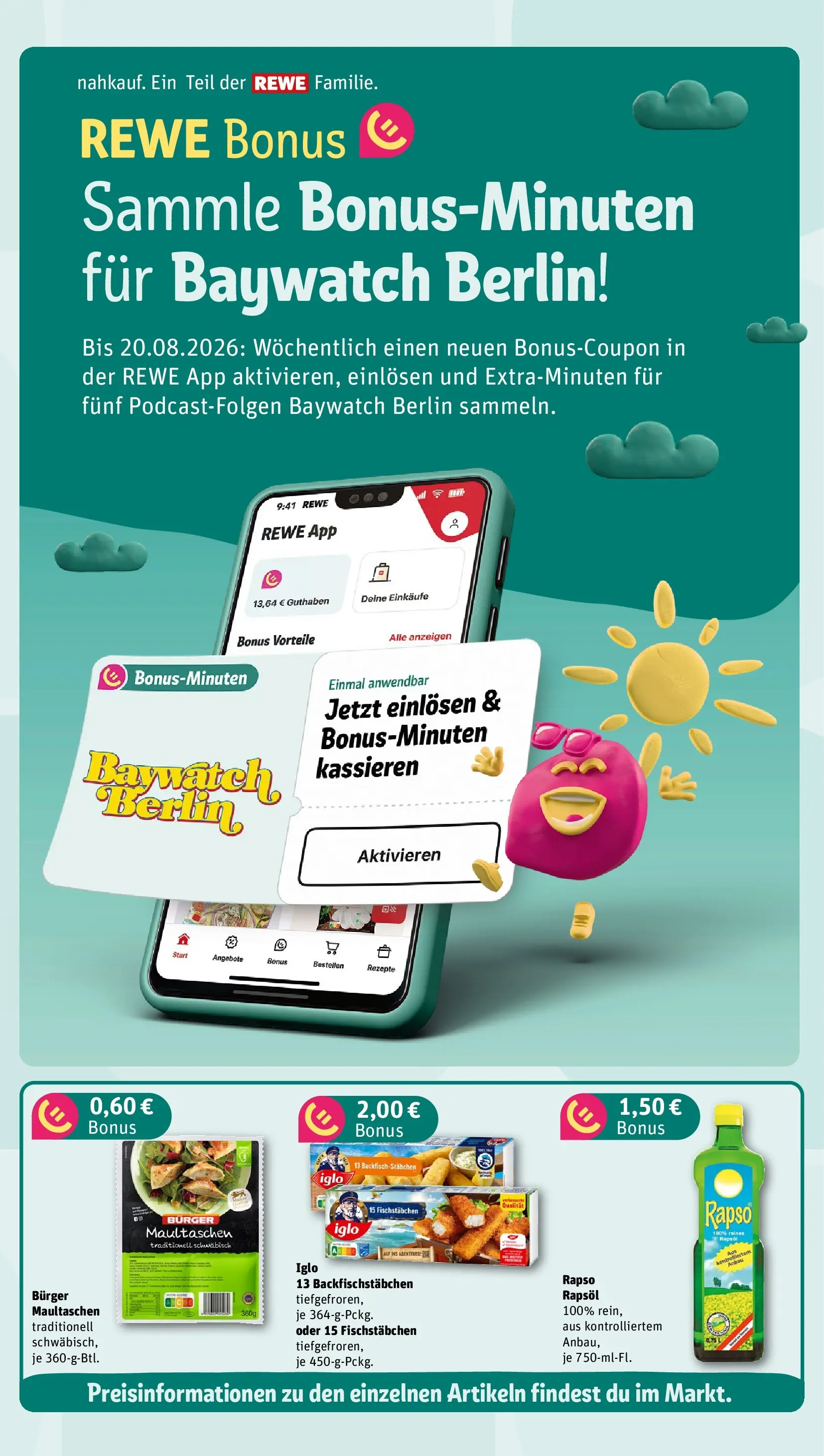 REWE Prospekt ab 20.07.2026 zum Blättern » Angebote | Seite: 4 | Produkte: Rapsöl, Iglo, Fischstabchen, Maultaschen