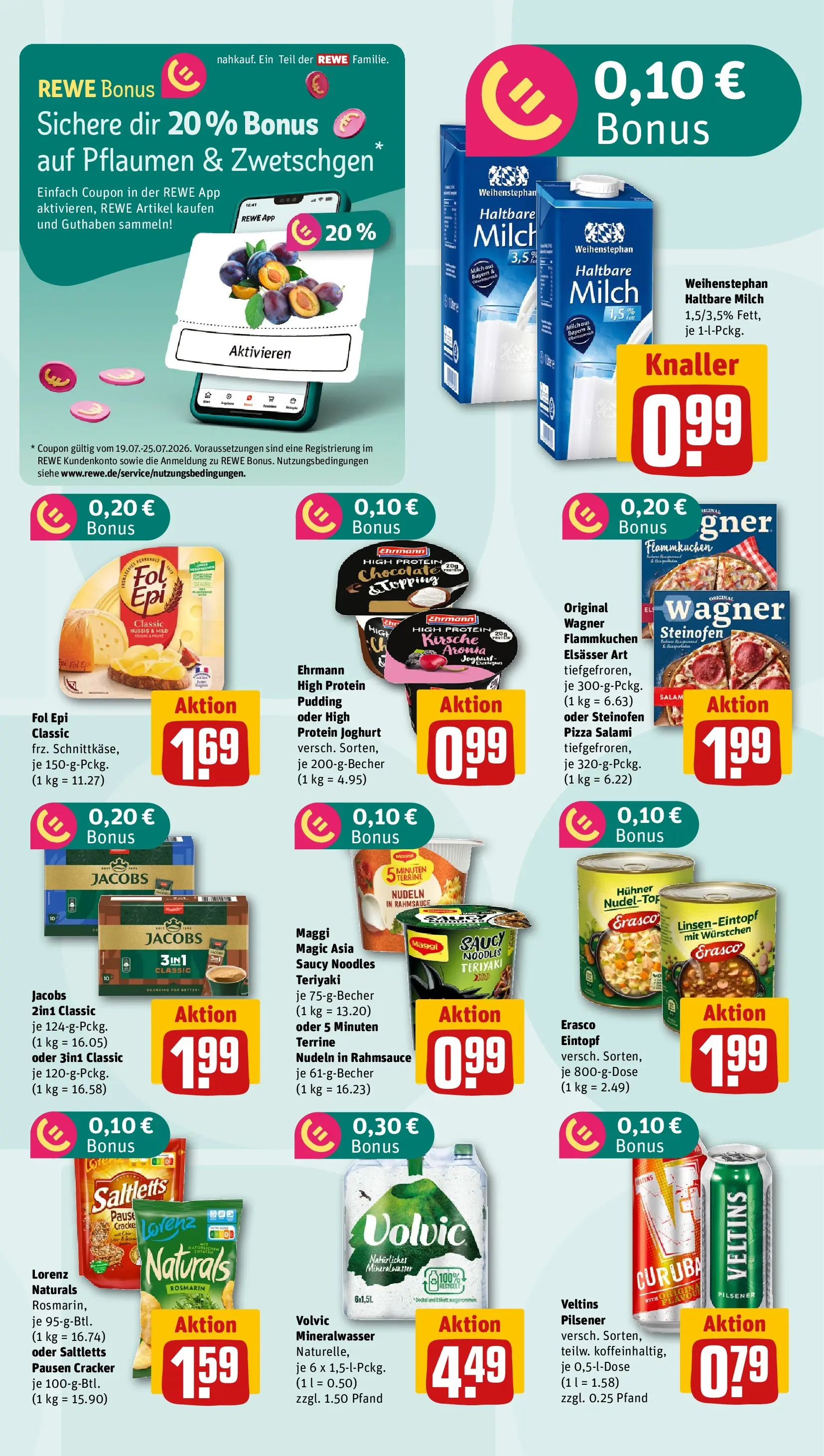 REWE Prospekt ab 20.07.2026 zum Blättern » Angebote | Seite: 6 | Produkte: Pflaumen, Joghurt, Mineralwasser, Pizza