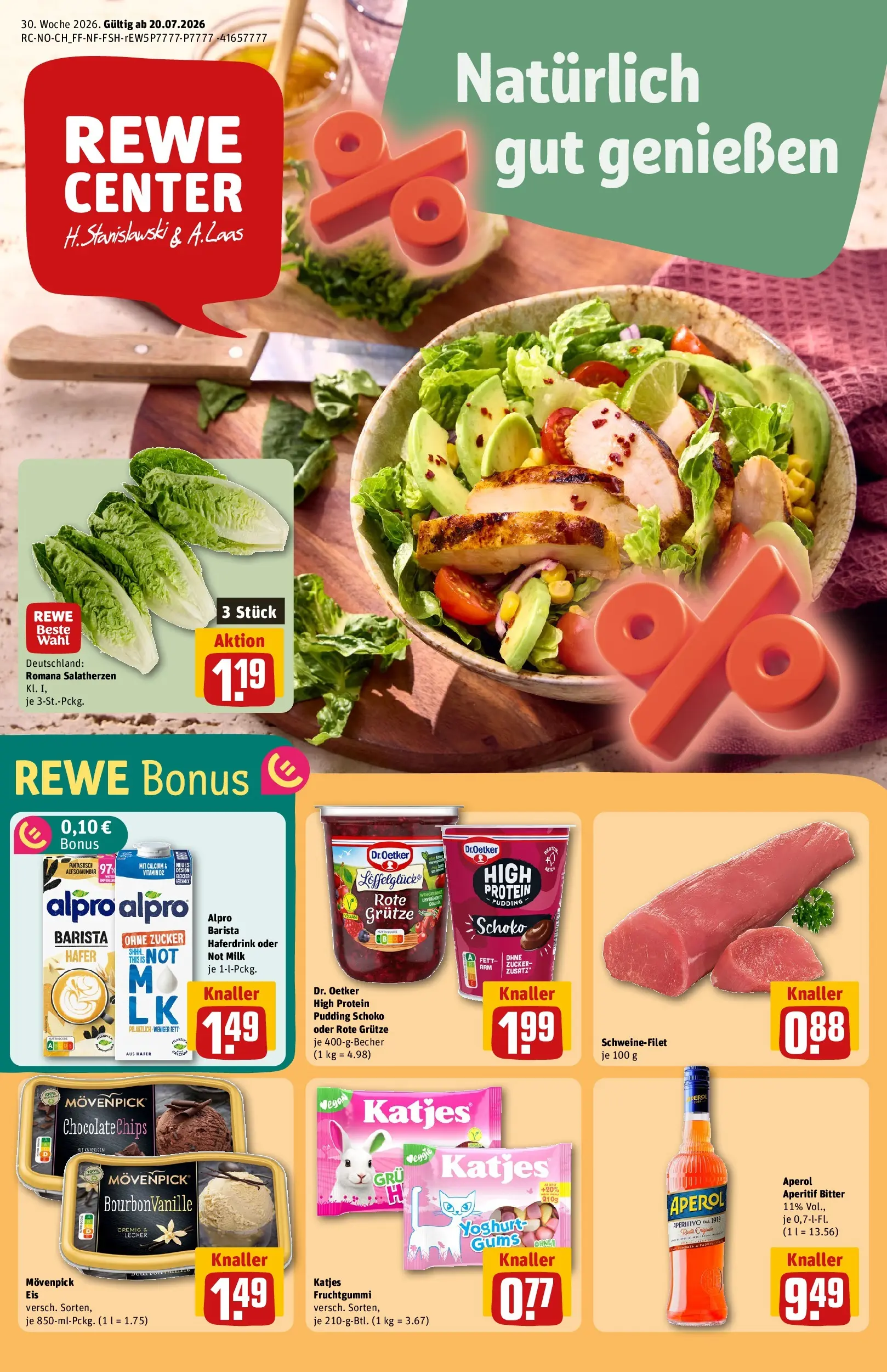 REWE Prospekt ab 20.07.2026 zum Blättern » Angebote | Seite: 1 | Produkte: Katjes, Schweinefilet, Zucker, Aperol