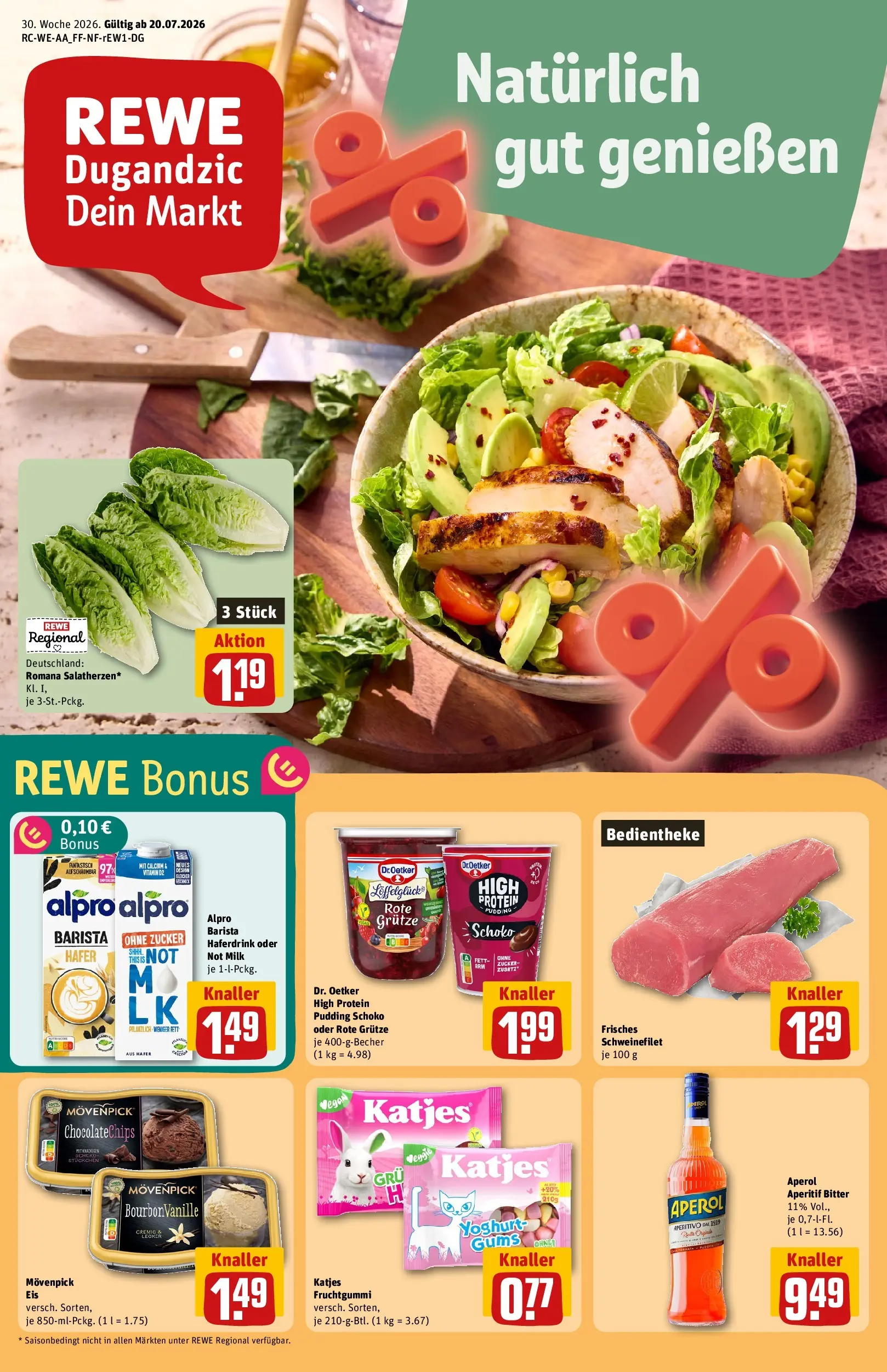 REWE Prospekt ab 20.07.2026 zum Blättern » Angebote | Seite: 1 | Produkte: Haferdrink, Alpro, Zucker, Aperol