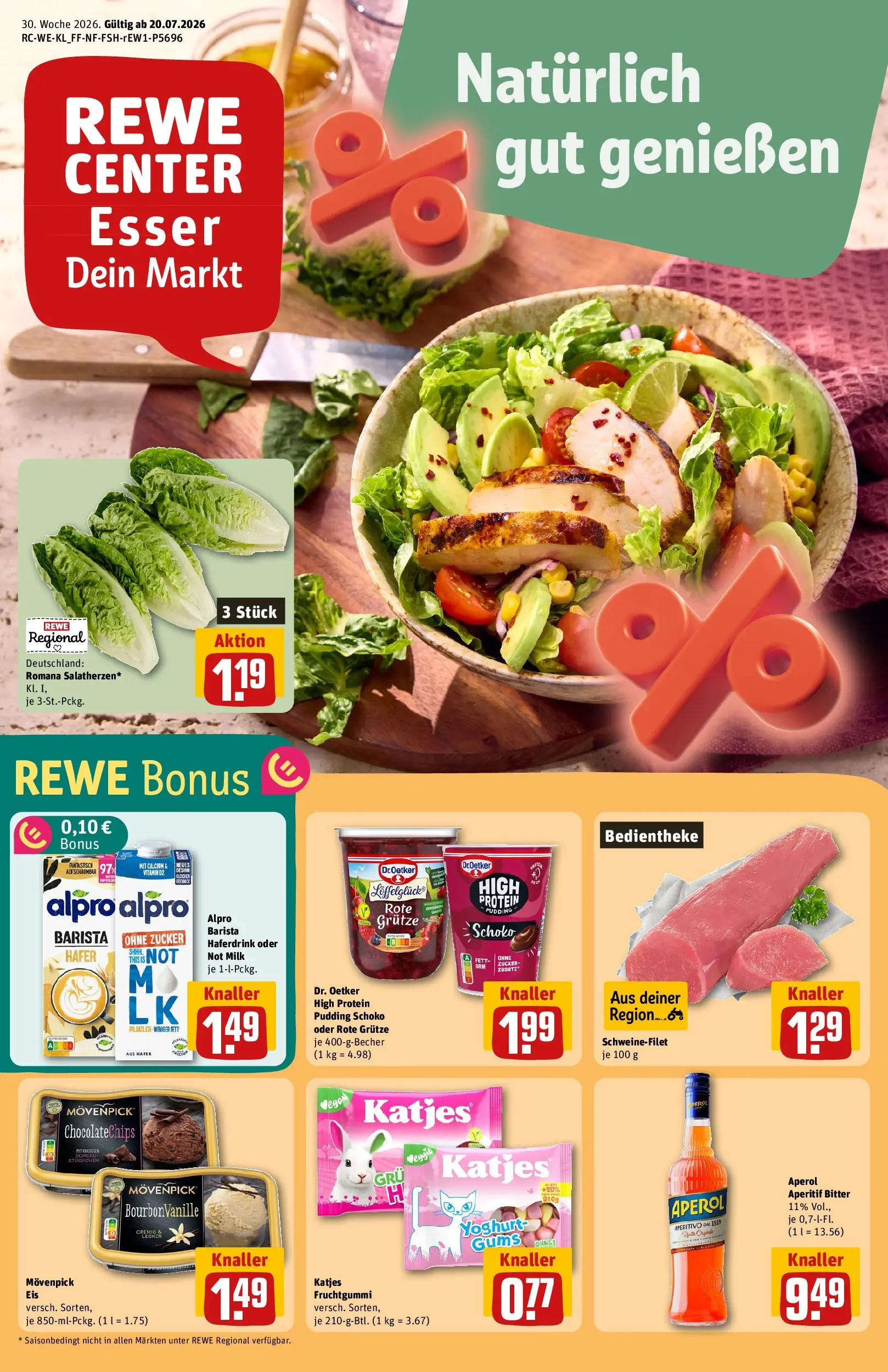 REWE Prospekt ab 20.07.2026 zum Blättern » Angebote | Seite: 1 | Produkte: Haferdrink, Alpro, Zucker, Aperol