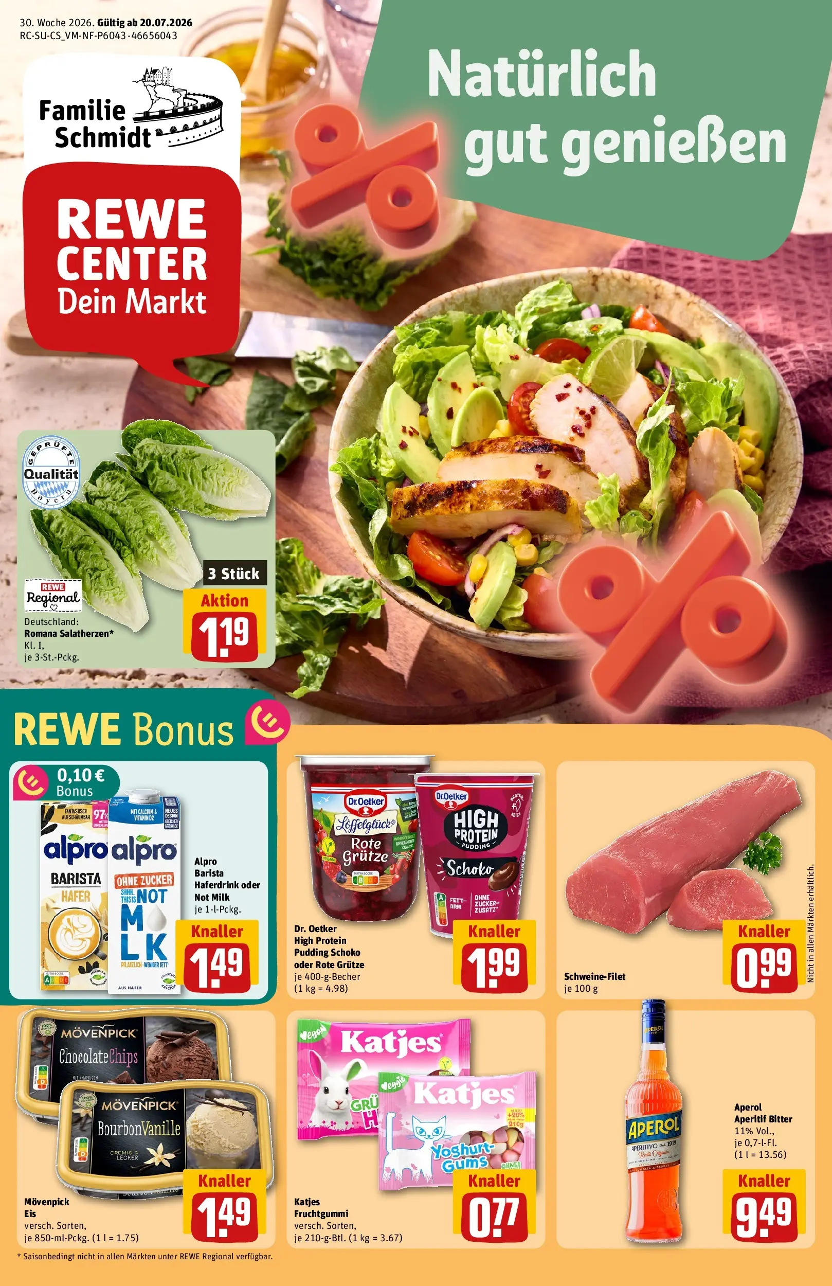 REWE Prospekt ab 20.07.2026 zum Blättern » Angebote | Seite: 1 | Produkte: Katjes, Pudding, Schweinefilet, Aperol