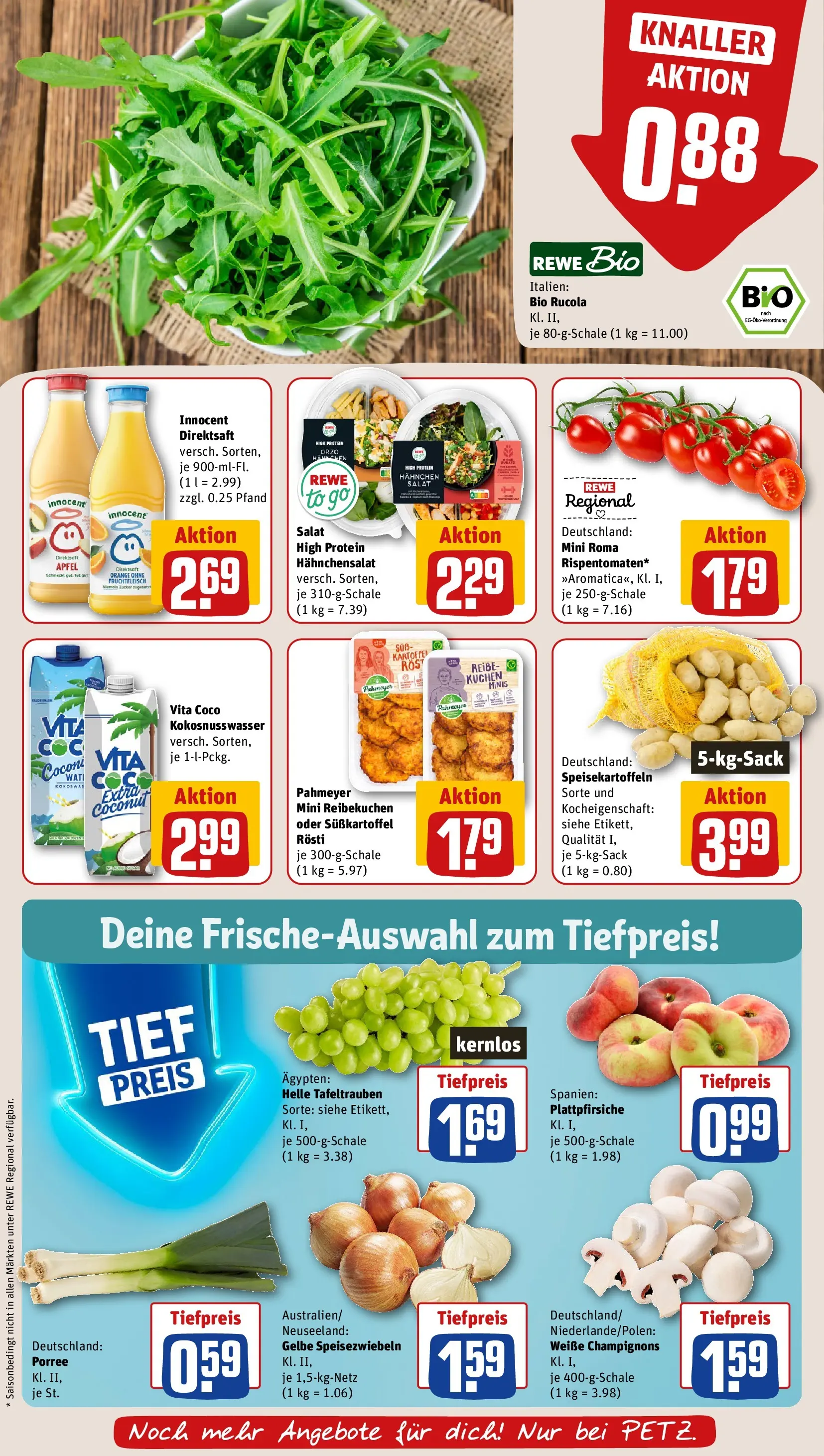 REWE Prospekt ab 20.07.2026 zum Blättern » Angebote | Seite: 8 | Produkte: Hahnchen, Äpfel, Champignons, Kuchen