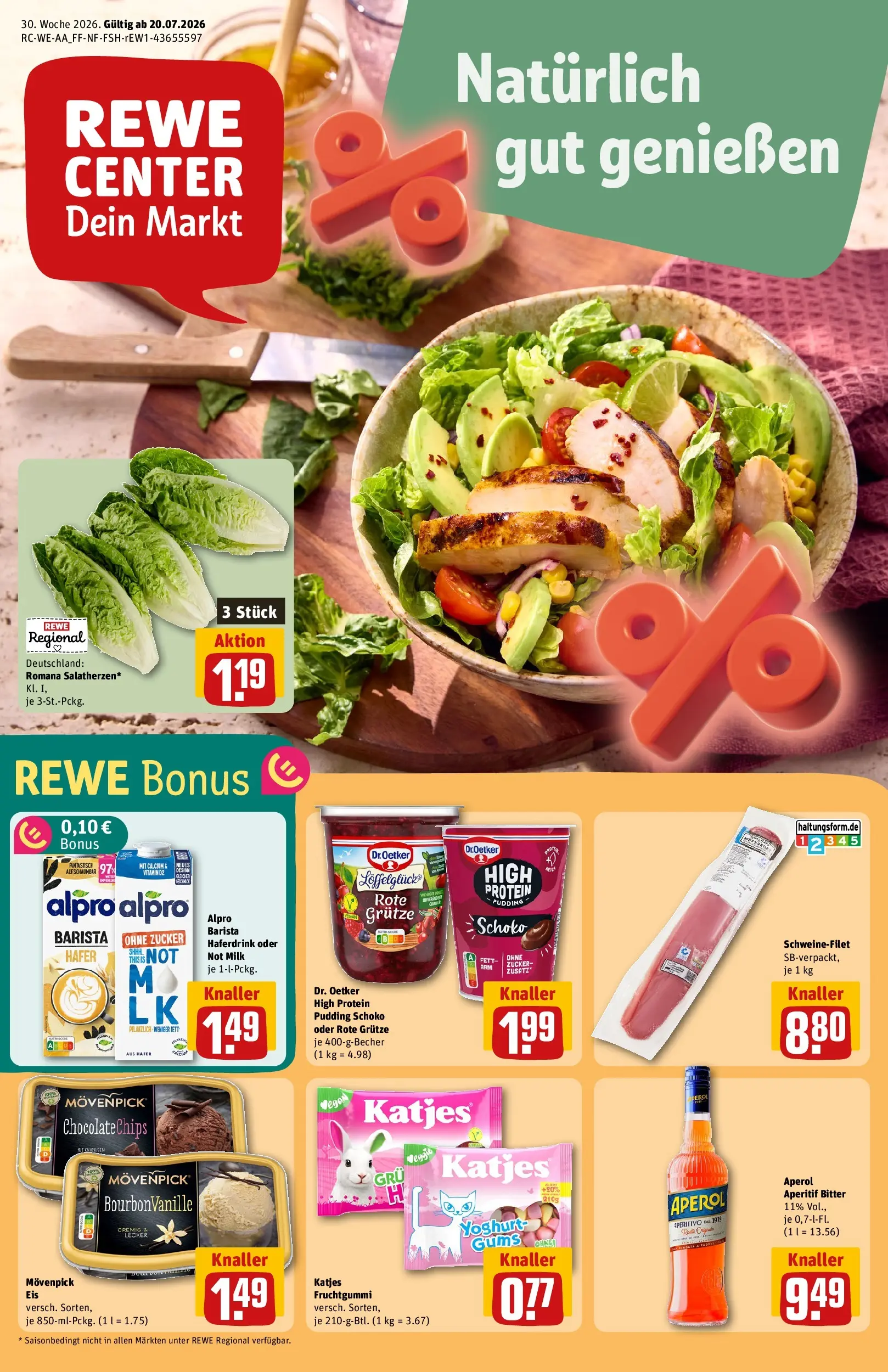 REWE Prospekt ab 20.07.2026 zum Blättern » Angebote | Seite: 1 | Produkte: Pudding, Schweinefilet, Zucker, Aperol