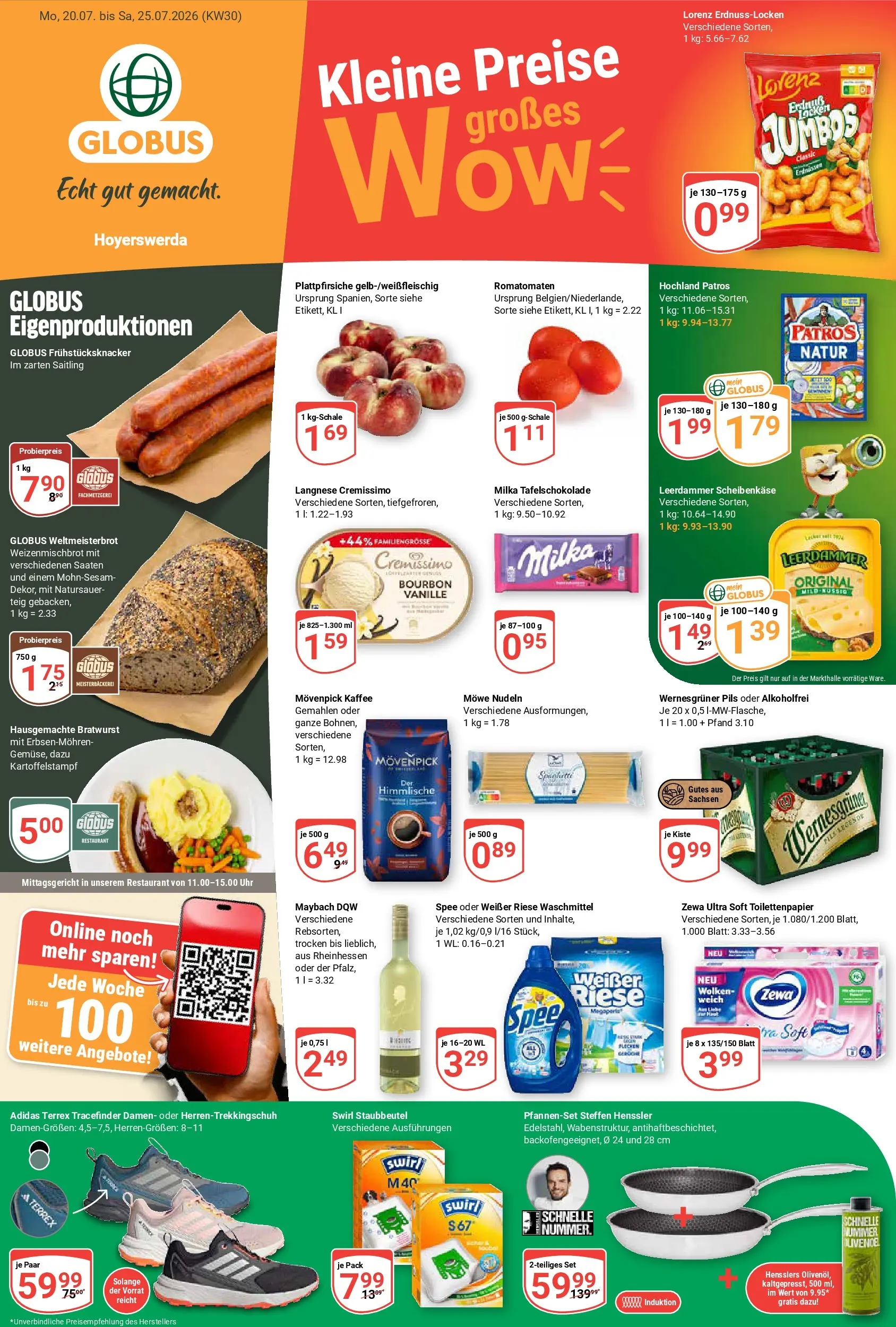 Globus Prospekt Hoyerswerda (ab 20.07.2026) » Angebote online | Seite: 1 | Produkte: Langnese, Bratwurst, Zewa, Leerdammer