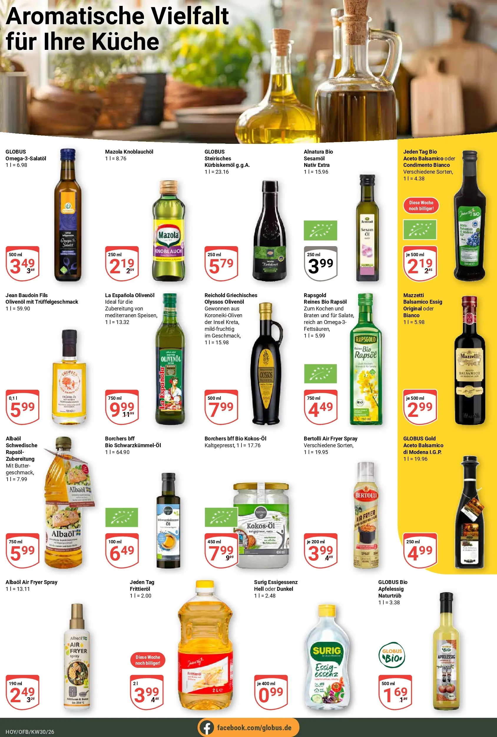 Globus Prospekt Hoyerswerda (ab 20.07.2026) » Angebote online | Seite: 15 | Produkte: Kürbiskernöl, Essig, Rapsöl, Olivenol
