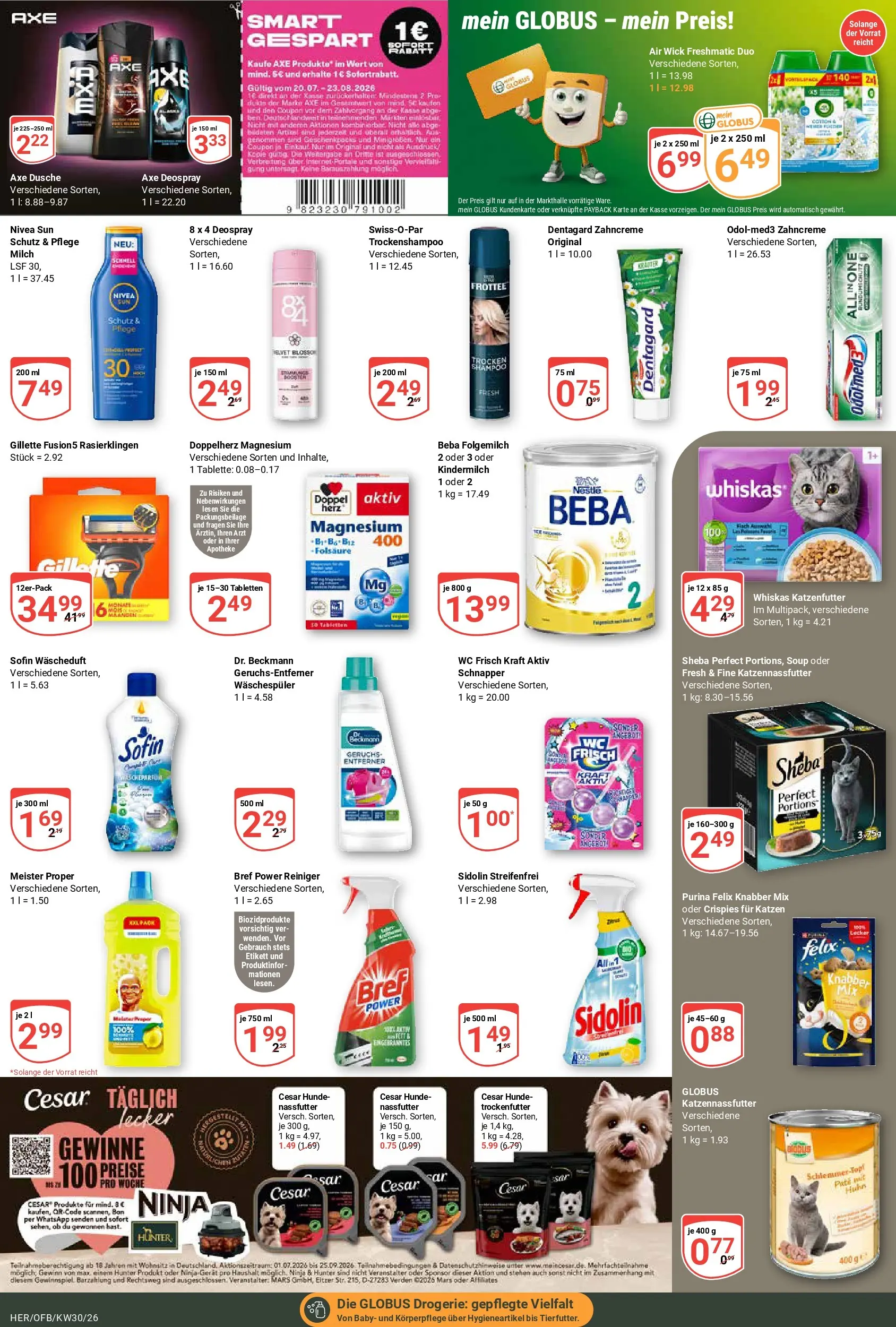 Globus Prospekt Hermsdorf (ab 20.07.2026) » Angebote online | Seite: 17 | Produkte: Sheba, Katzenfutter, Milch, Deospray