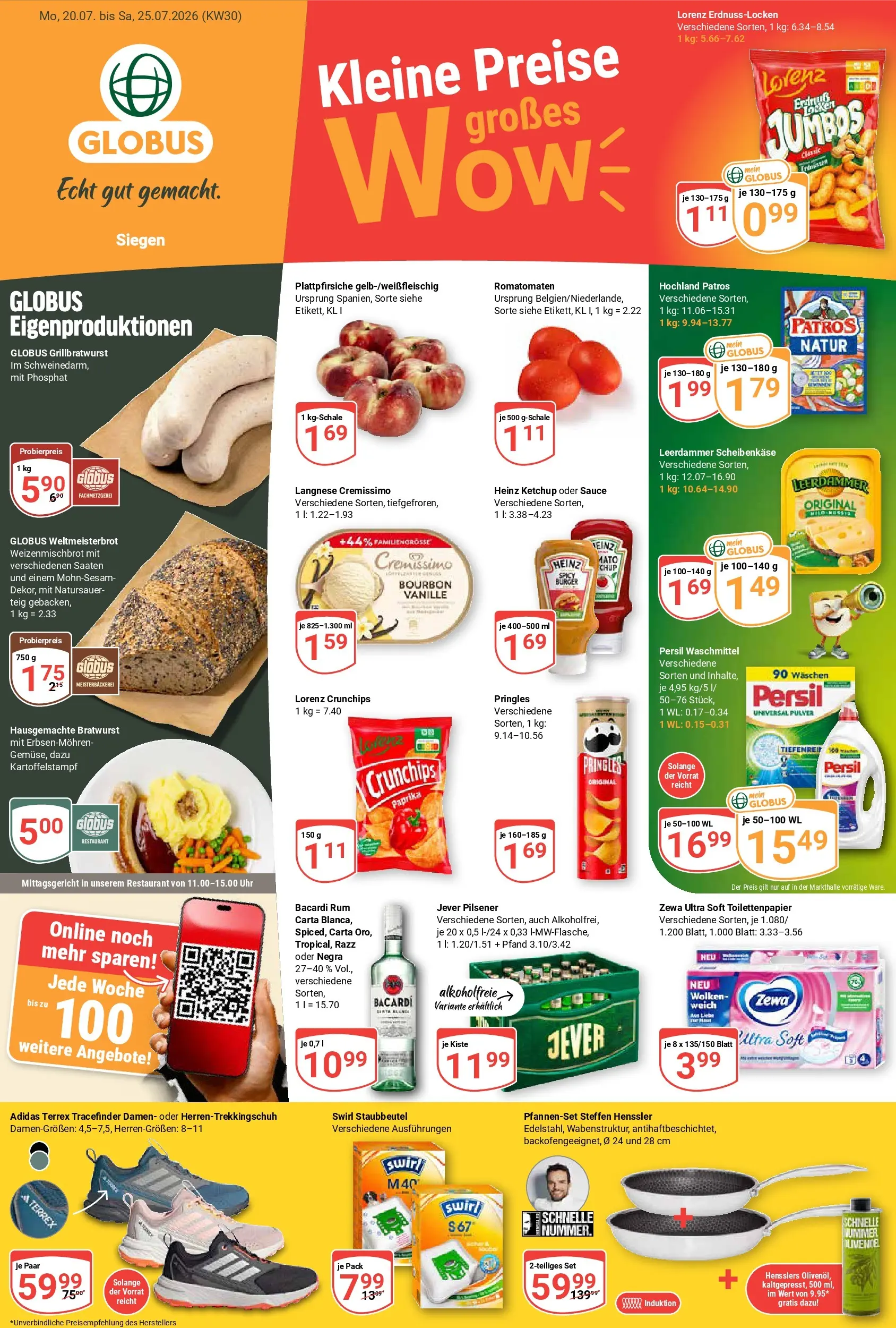 Globus Prospekt Siegen (ab 20.07.2026) » Angebote online | Seite: 1 | Produkte: Langnese cremissimo, Bratwurst, Persil, Toilettenpapier