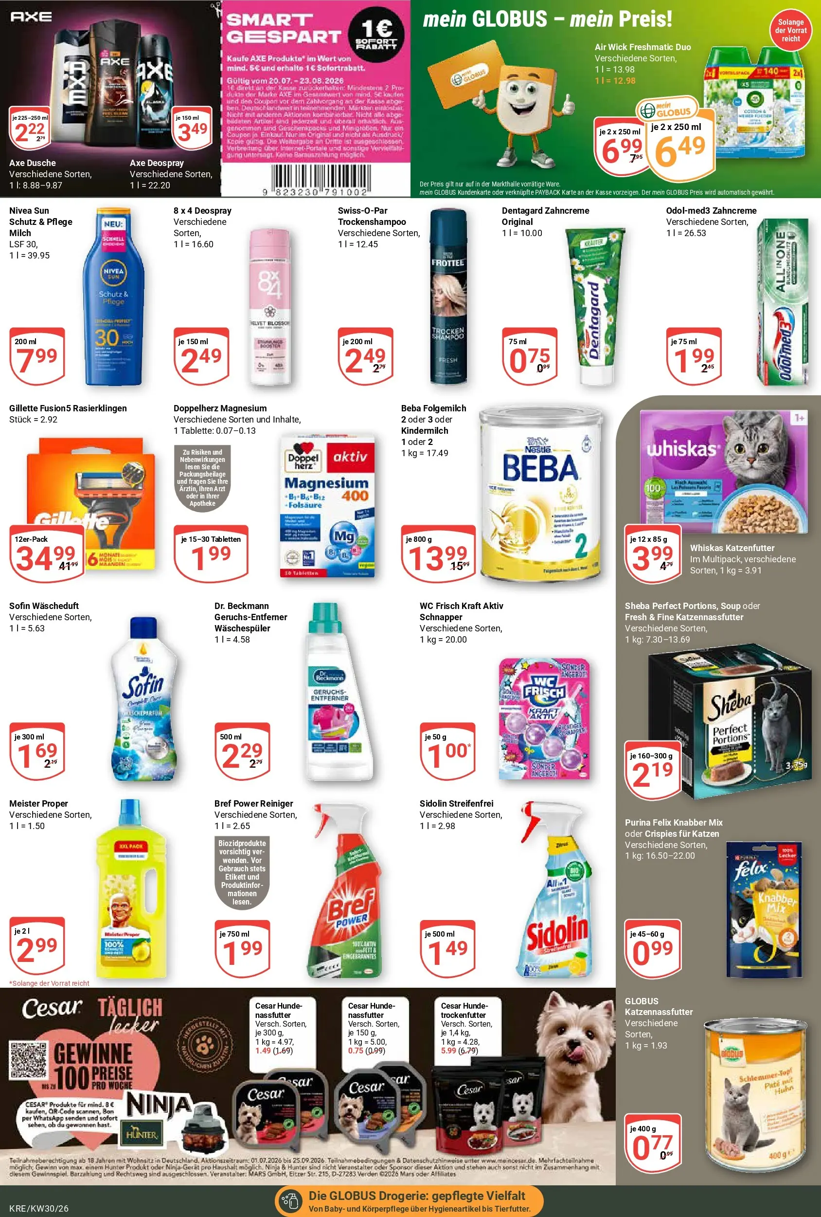 Globus Prospekt Krefeld (ab 20.07.2026) » Angebote online | Seite: 15 | Produkte: Sheba, Milch, Axe, Deospray