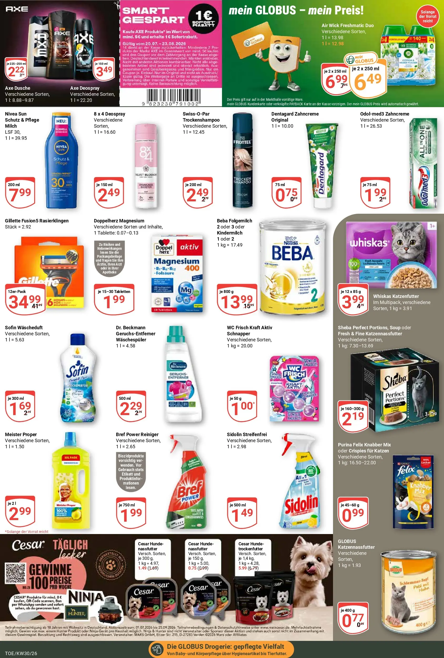 Globus Prospekt Tönisvorst (ab 20.07.2026) » Angebote online | Seite: 16 | Produkte: Sheba, Katzenfutter, Milch, Deospray