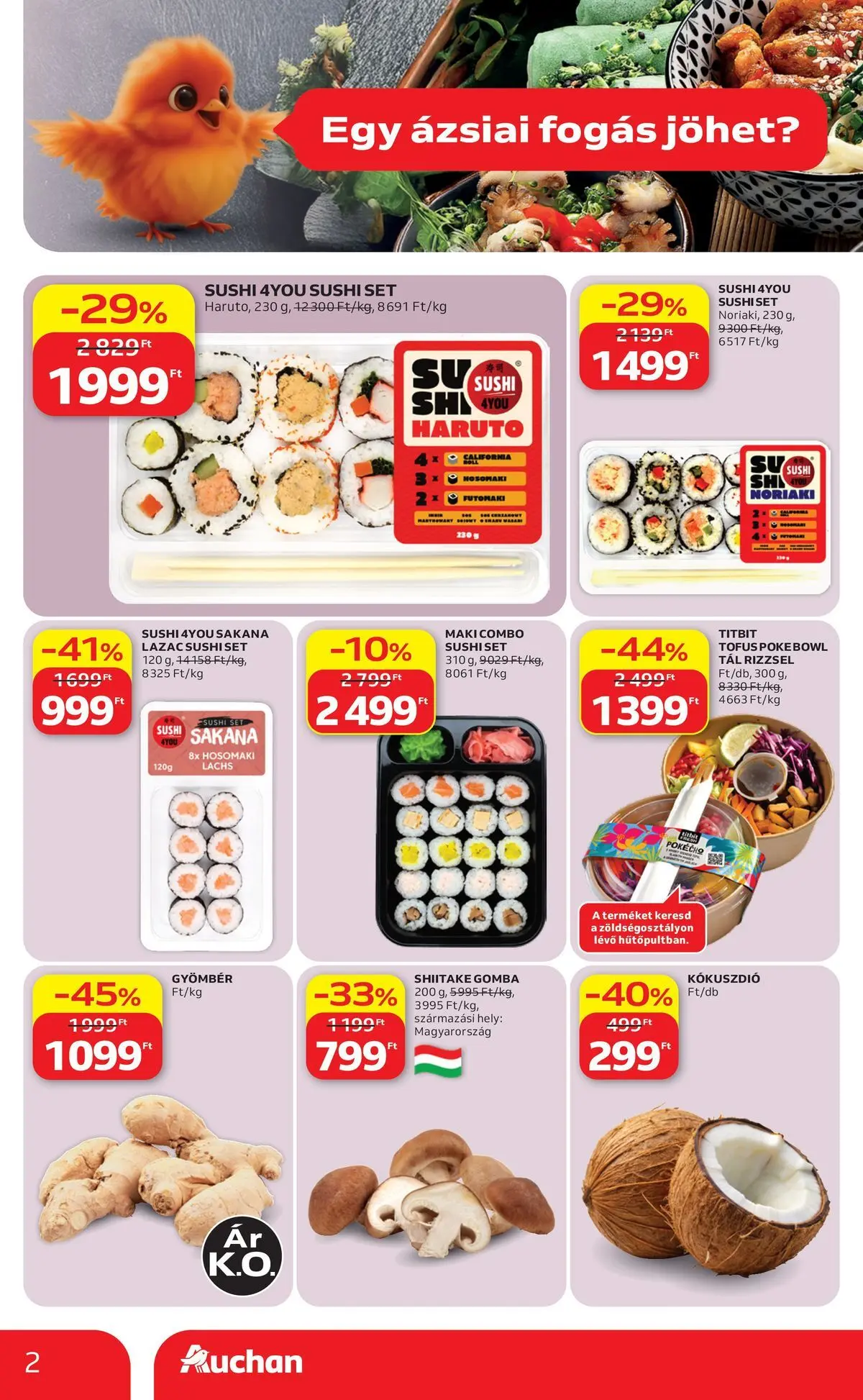Auchan Ázsiai ajánlataink Miskolc - 2026.07.16. -tól/töl > akció, lapozható szórólap 🛍️ | Oldal: 2 | Termékek: Gyömbér, Gomba, Sushi, Lazac