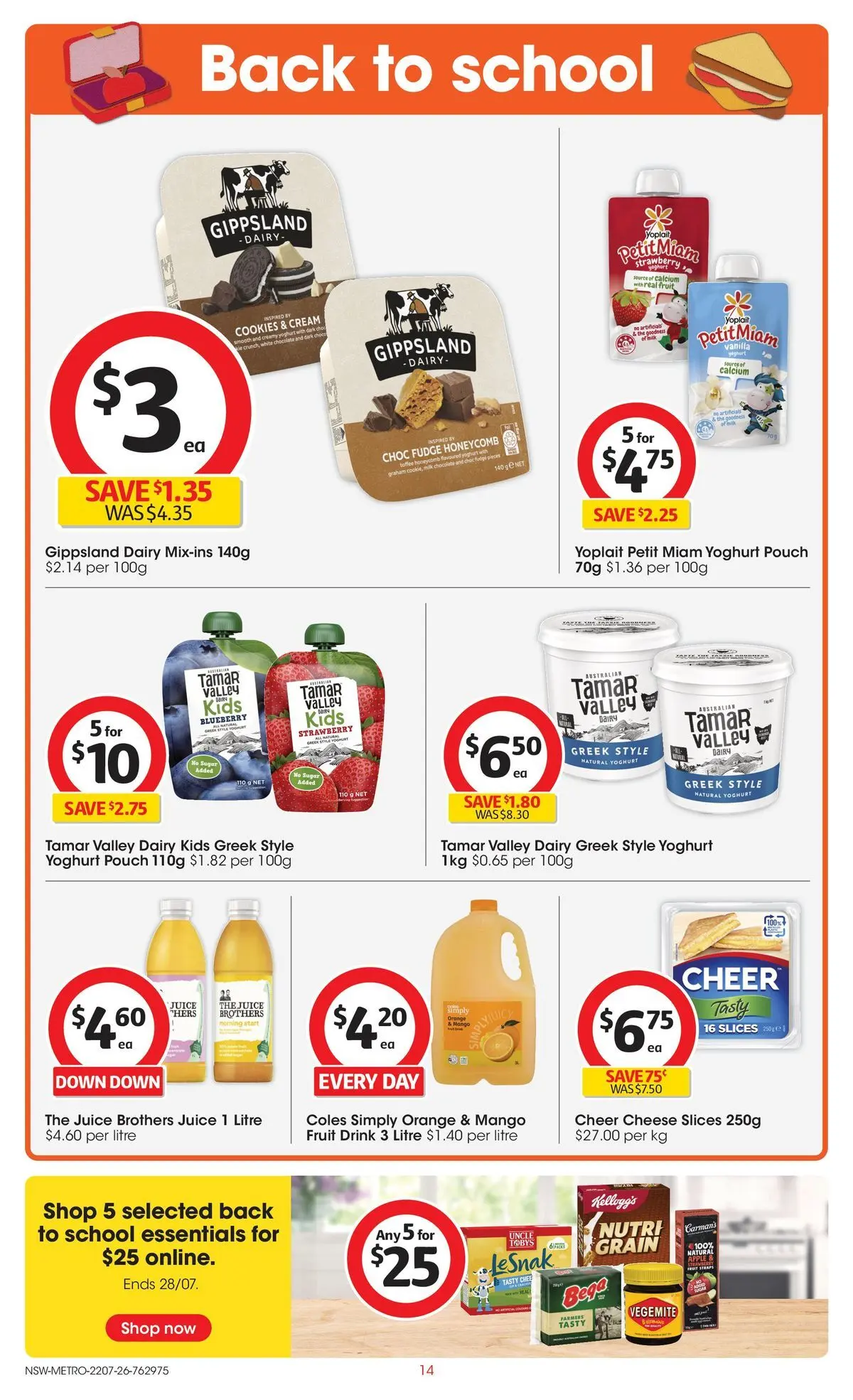 ﻿Coles catalogue valid from 22/07/2026 > Online Australia | Page: 14 | Products: Cheese, Yoghurt, Mango, Vegemite