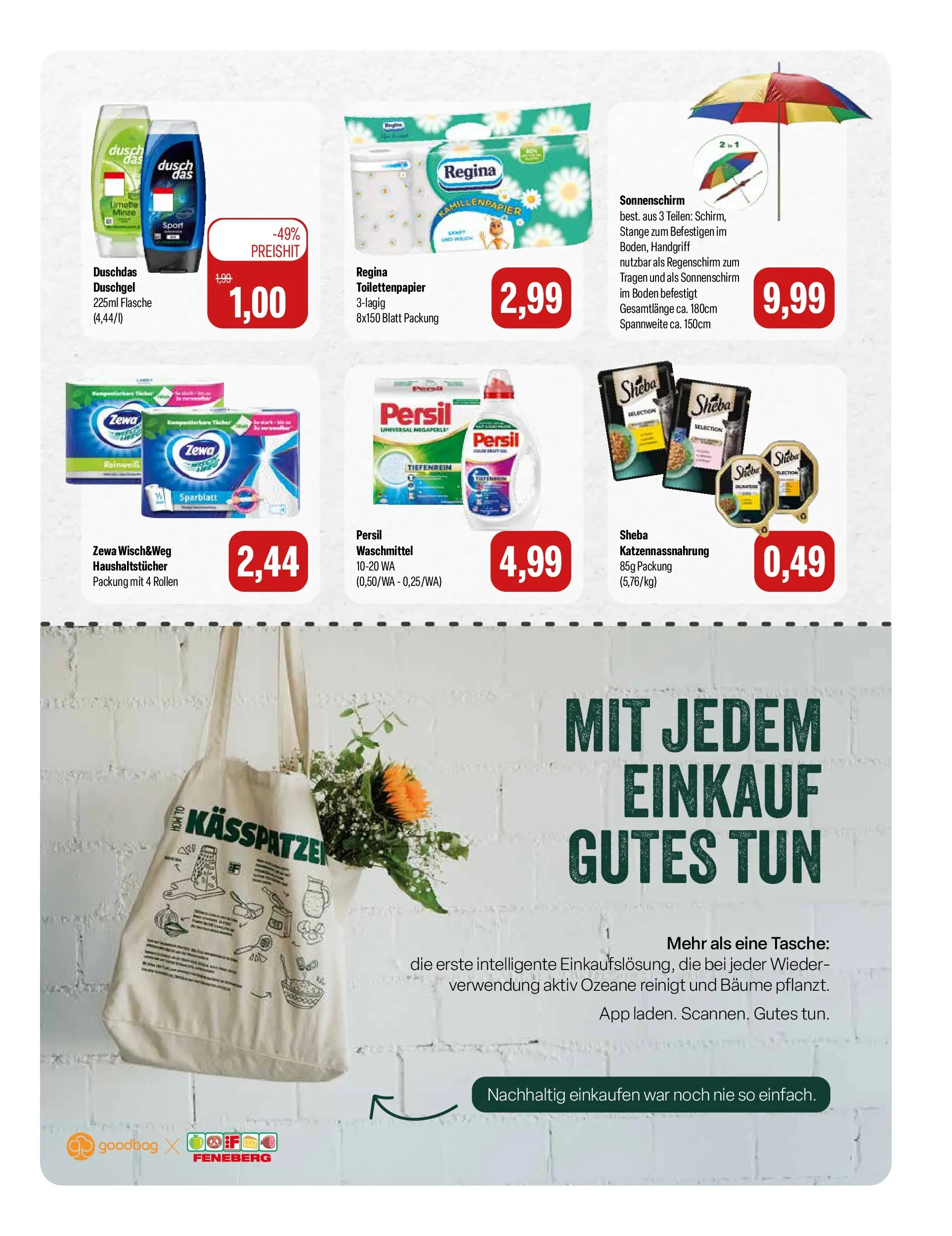 Feneberg Aktuelle Angebote (ab 22.07.2026) zum Blättern | Seite: 15 | Produkte: Zewa, Waschmittel, Sonnenschirm, Toilettenpapier