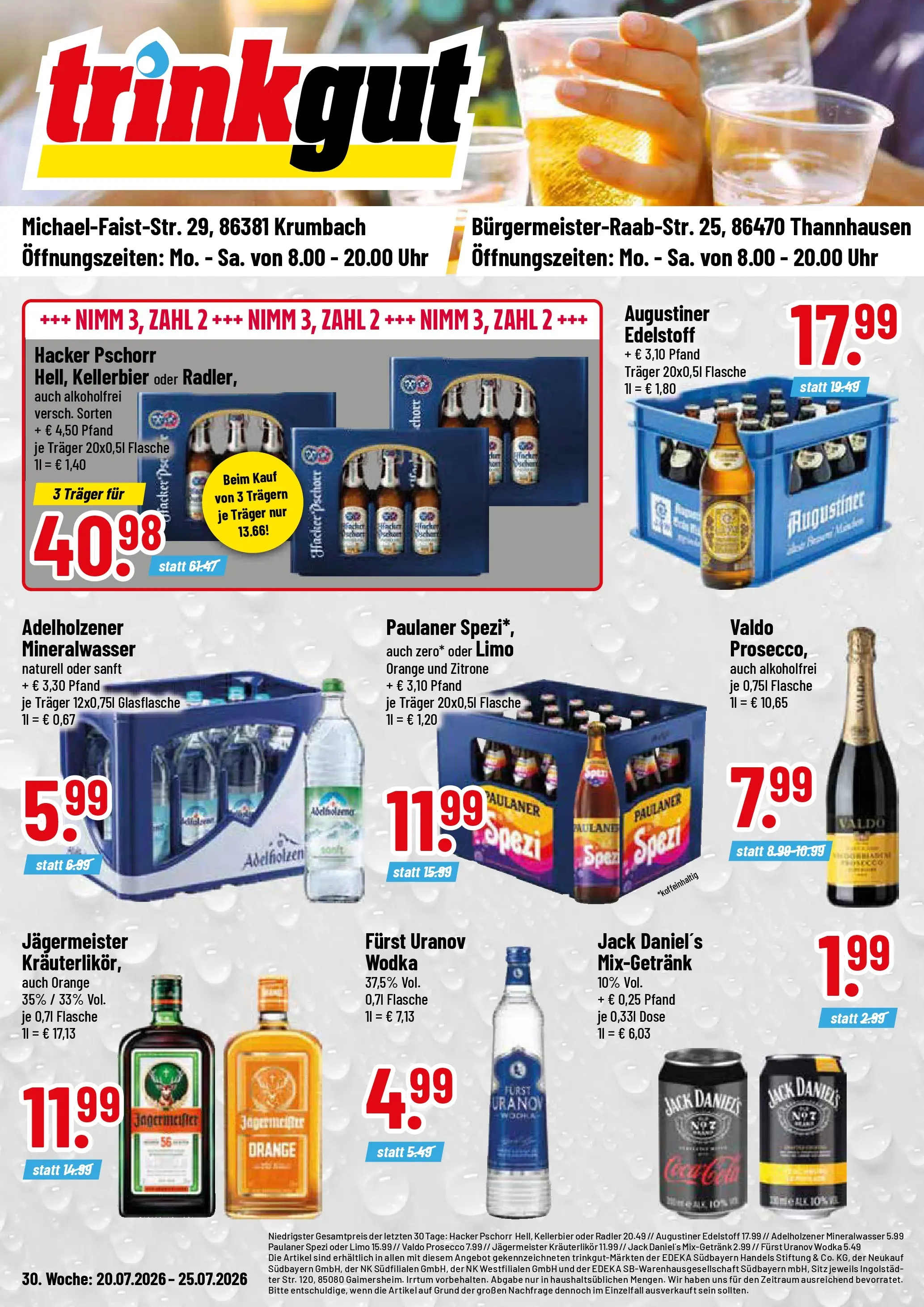 Trinkgut Prospekt Krumbach (ab 20.07.2026) » Angebote online | Seite: 1 | Produkte: Prosecco, Jägermeister, Zitrone, Paulaner