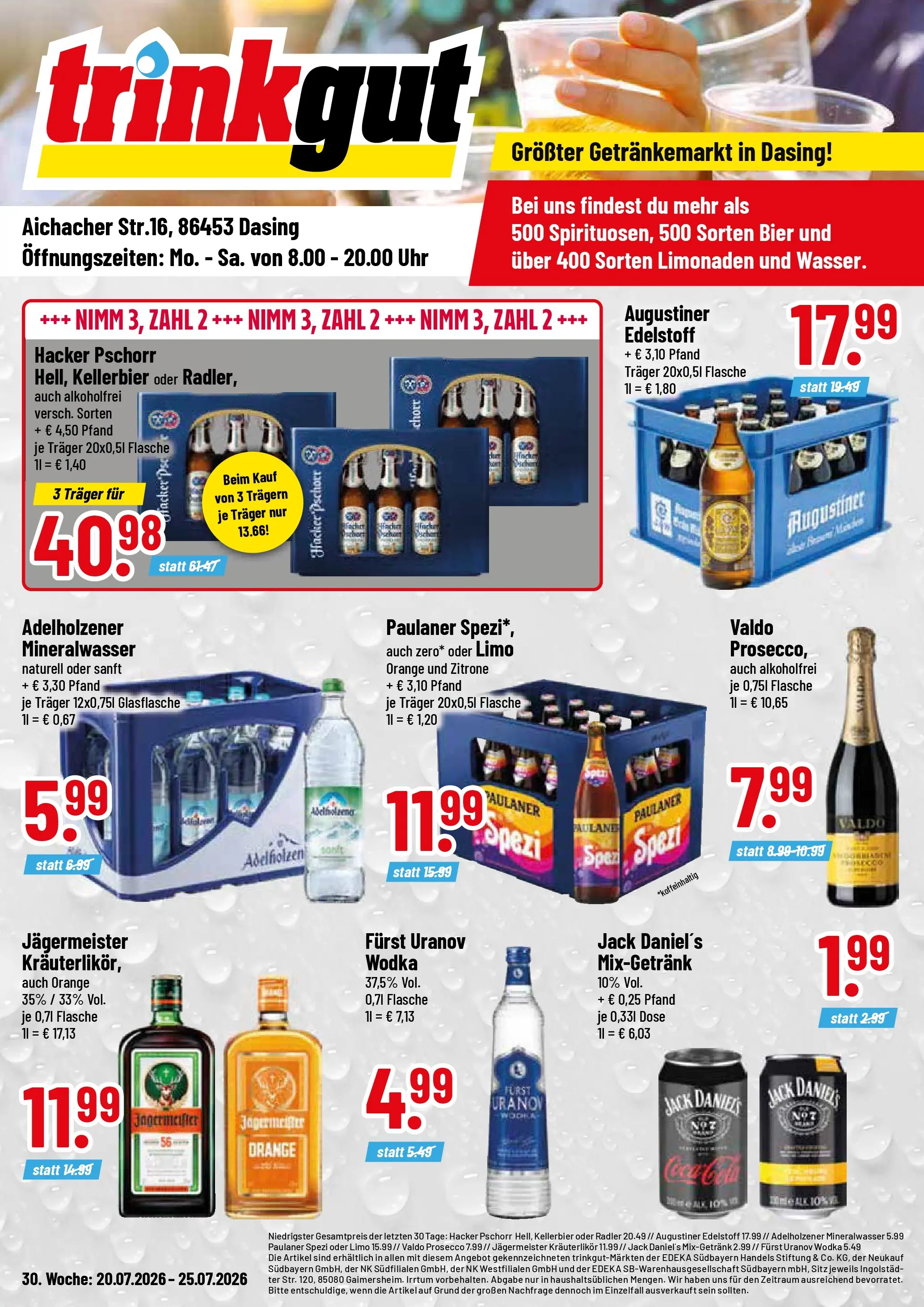 Trinkgut Prospekt Dasing (ab 20.07.2026) » Angebote online | Seite: 1 | Produkte: Bier, Adelholzener, Uhr, Paulaner