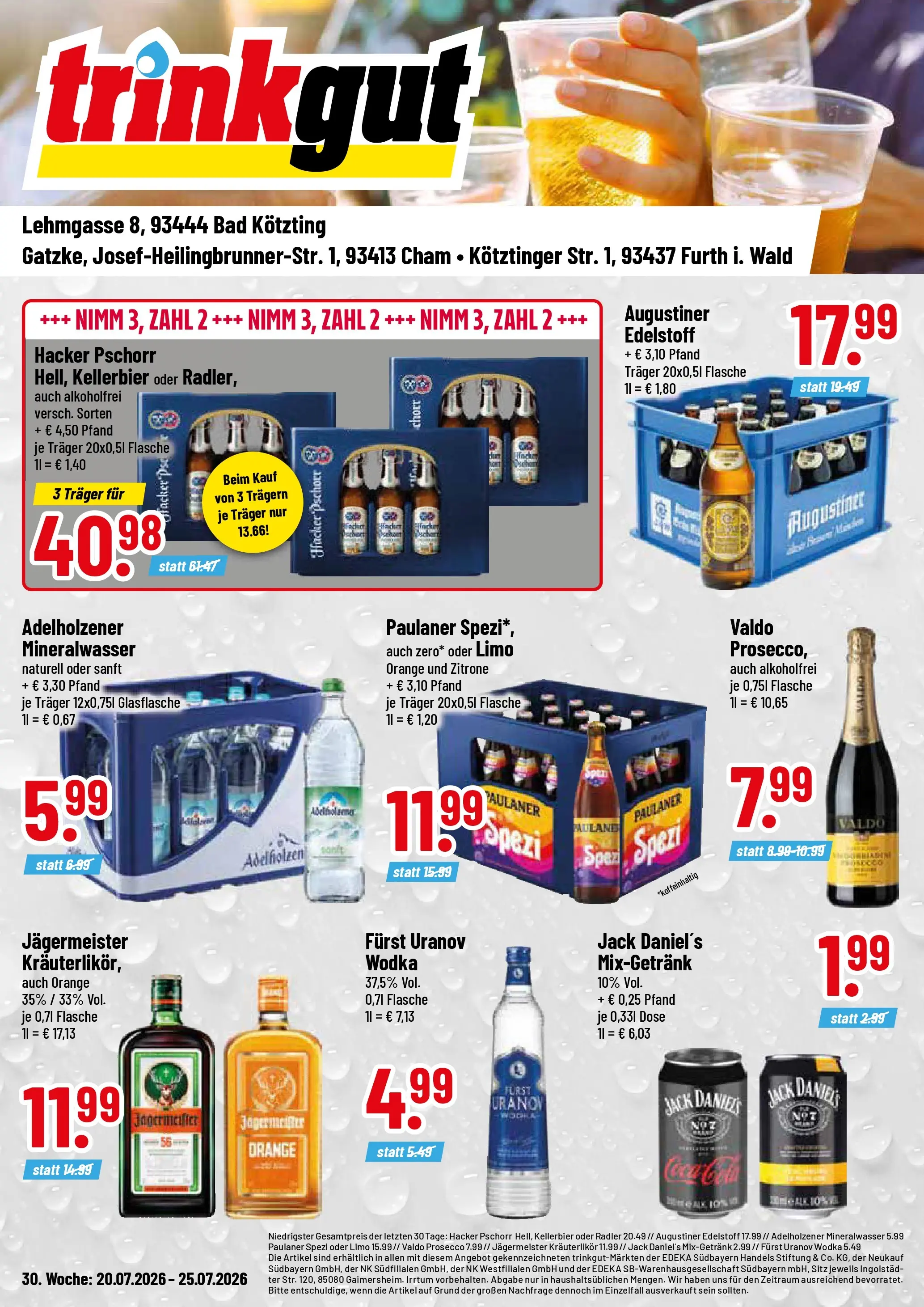 Trinkgut Prospekt Cham (ab 20.07.2026) » Angebote online | Seite: 1 | Produkte: Bad, Jack Daniel's, Radler, Paulaner