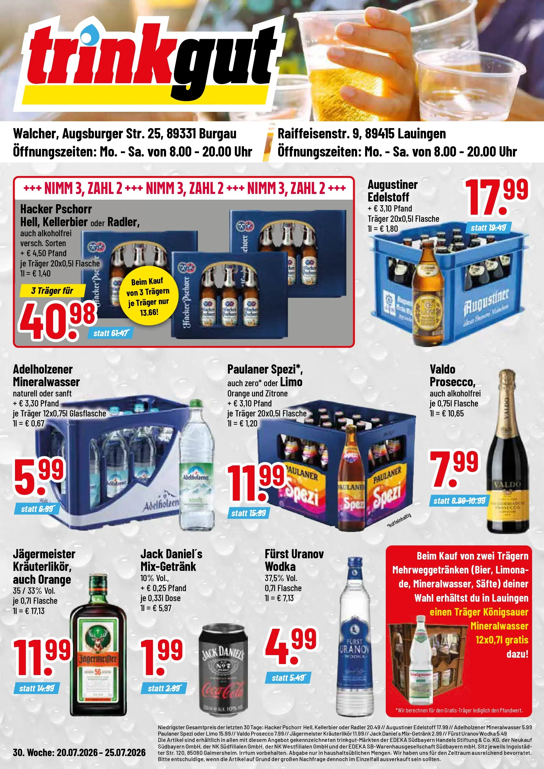 Trinkgut Prospekt Burgau (ab 20.07.2026) » Angebote online | Seite: 1 | Produkte: Cola, Paulaner spezi, Wodka, Paulaner