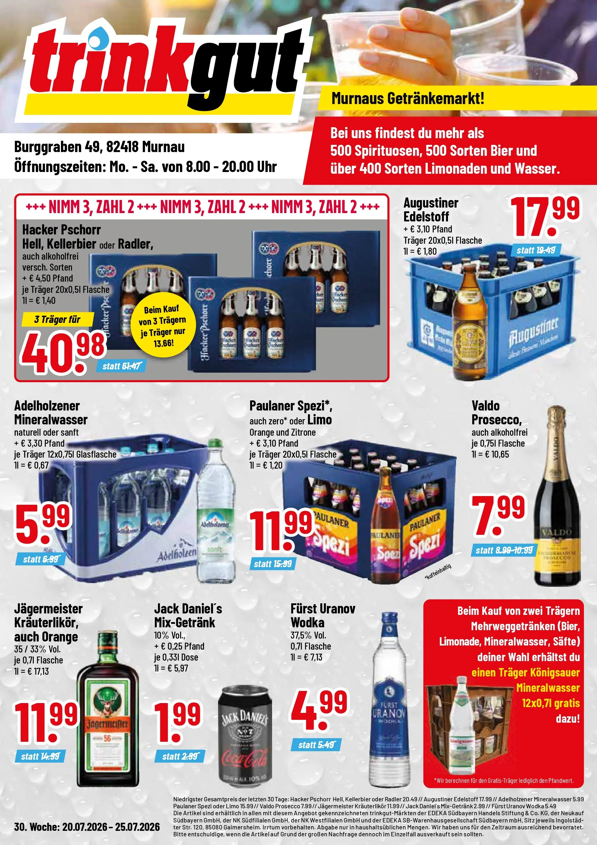 Trinkgut Prospekt Murnau (ab 20.07.2026) » Angebote online | Seite: 1 | Produkte: Mineralwasser, Jägermeister, Uhr, Paulaner