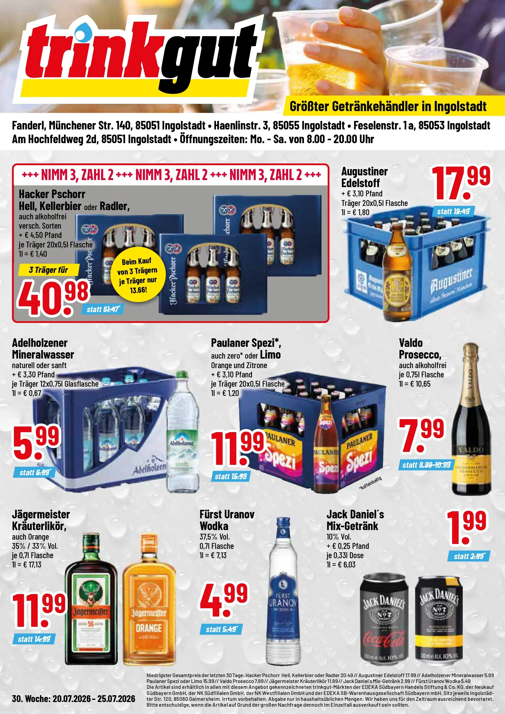 Trinkgut Prospekt Ingolstadt (ab 20.07.2026) » Angebote online | Seite: 1 | Produkte: Jack Daniel's, Jägermeister, Wodka, Uhr