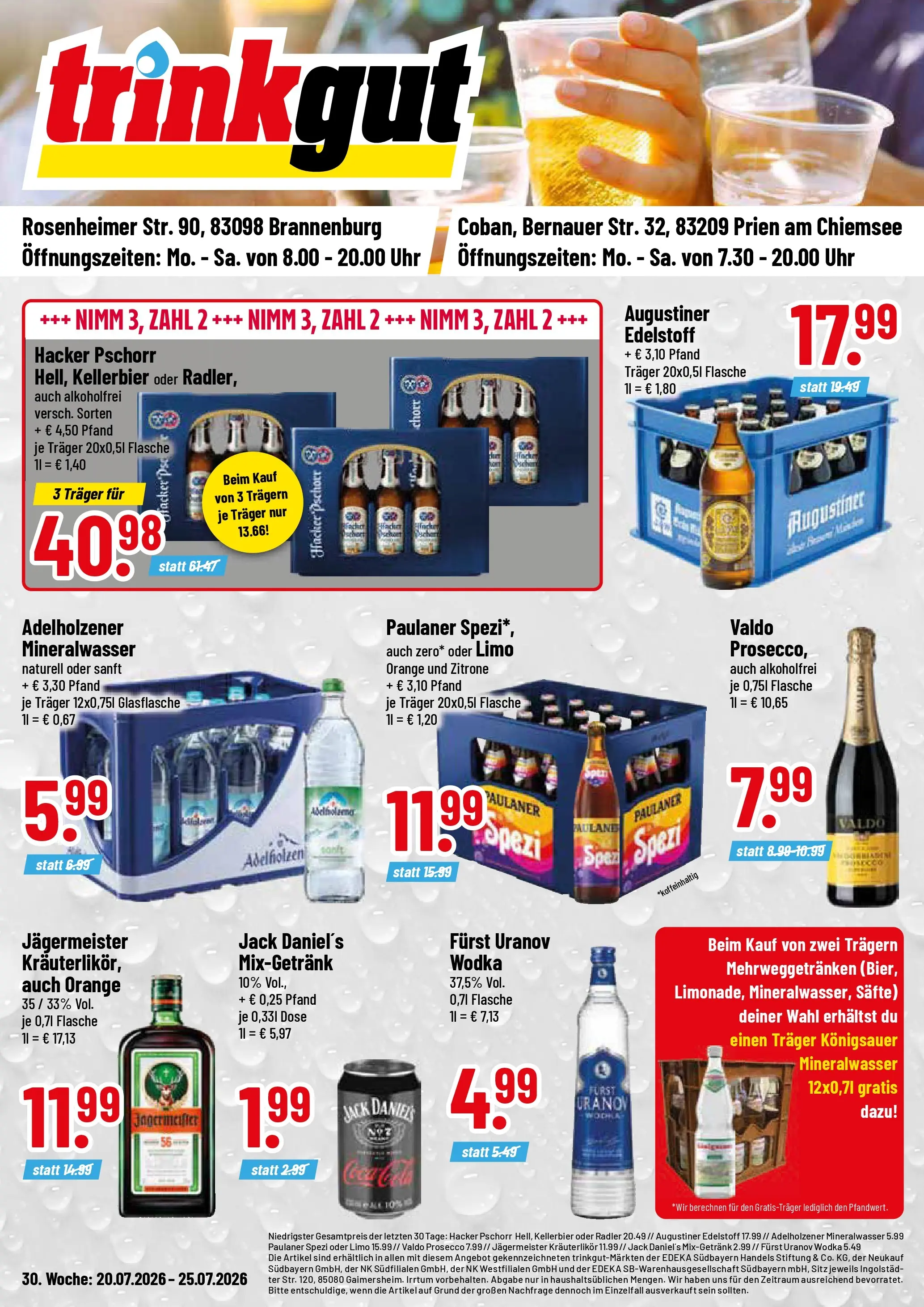 Trinkgut Prospekt Brannenburg (ab 20.07.2026) » Angebote online | Seite: 1 | Produkte: Mineralwasser, Radler, Zitrone, Paulaner