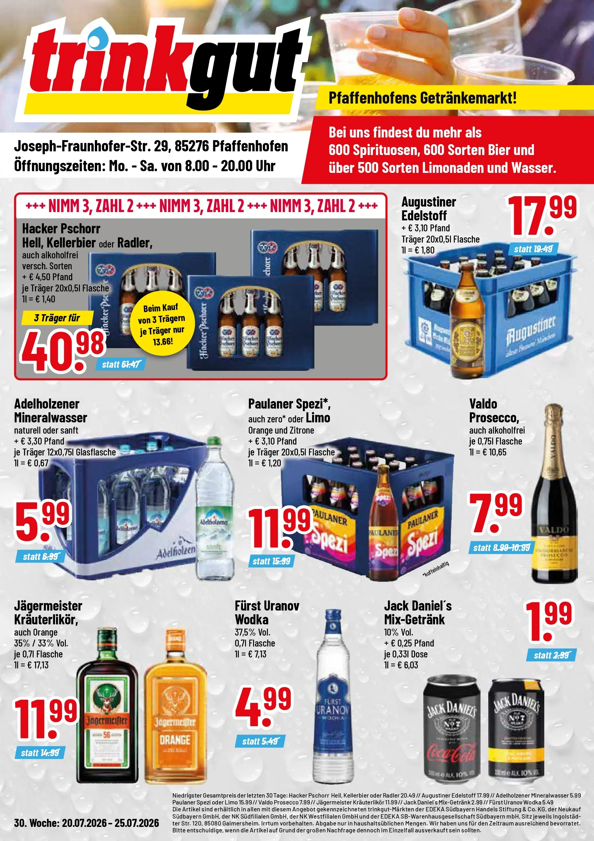 Trinkgut Prospekt Pfaffenhofen/Ilm (ab 20.07.2026) » Angebote online | Seite: 1 | Produkte: Adelholzener, Prosecco, Radler, Uhr