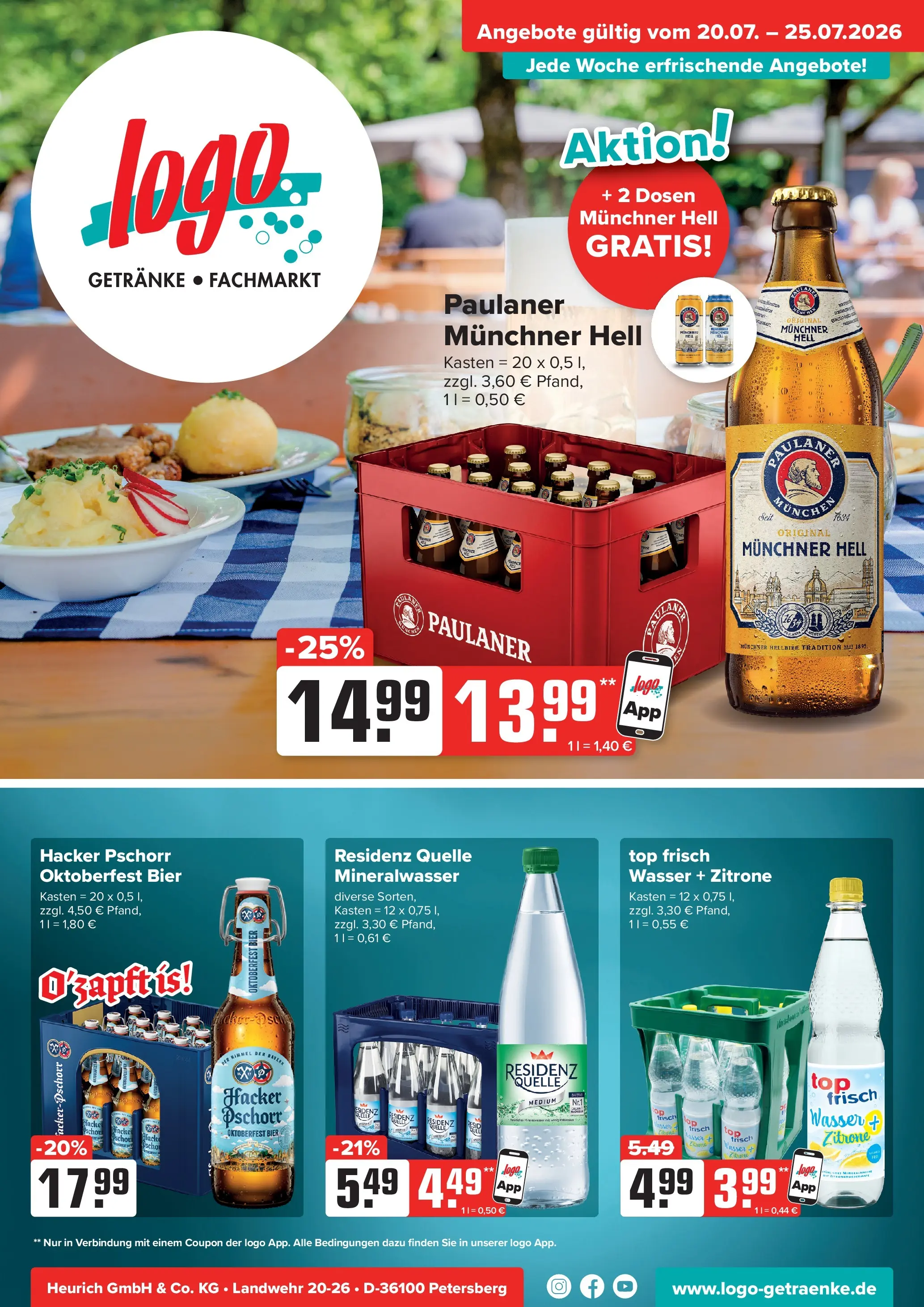Angebote - Getränke Heurich: Getränkeangebote (ab 20.07.2026) zum Blättern | Seite: 1 | Produkte: Top, Mineralwasser, Wasser, Paulaner