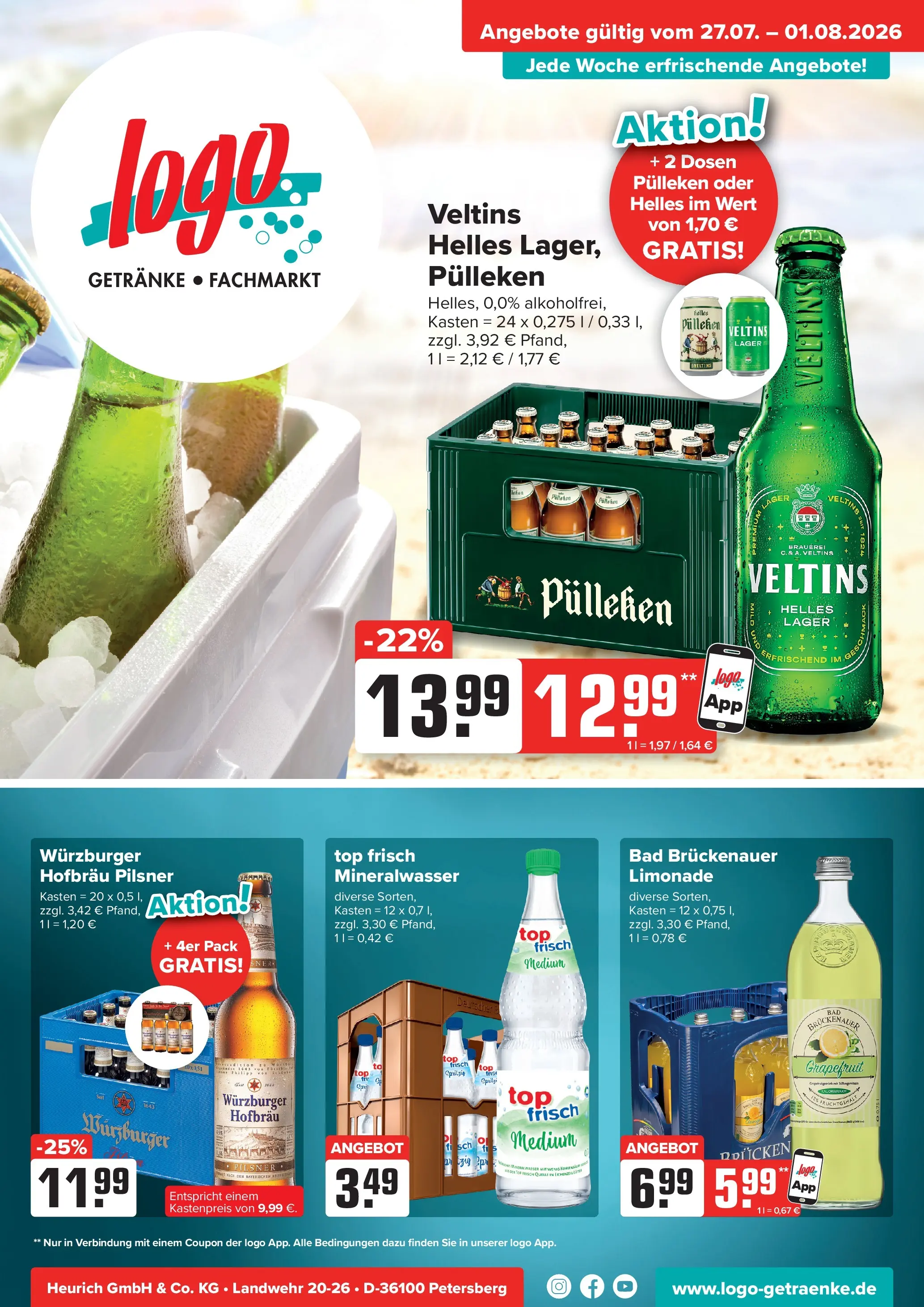 Angebote - Getränke Heurich: Getränkeangebote (ab 27.07.2026) zum Blättern | Seite: 1 | Produkte: Top, Mineralwasser, Grapefruit, Veltins