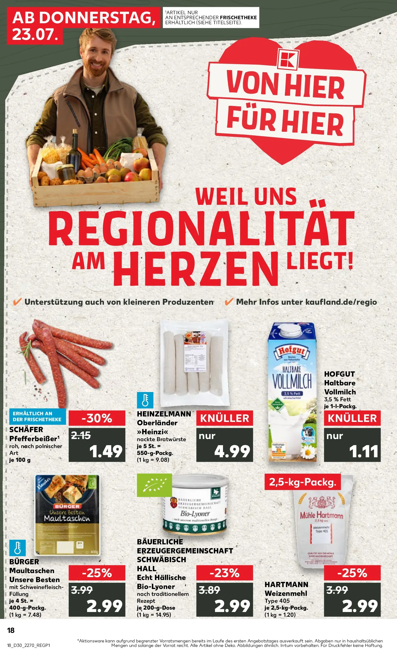 Prospekt Kaufland ab 23.07.2026 » Angebote Online zum Blättern | Seite: 18 | Produkte: Mühle, Burger, Weizenmehl, Schweinefleisch