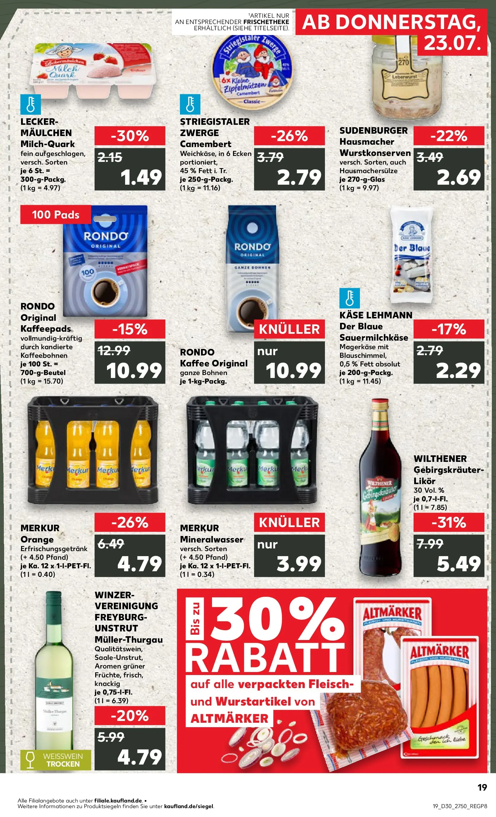 Prospekt Kaufland ab 23.07.2026 » Angebote Online zum Blättern | Seite: 19 | Produkte: Weißwein, Likör, Mineralwasser, Fleisch