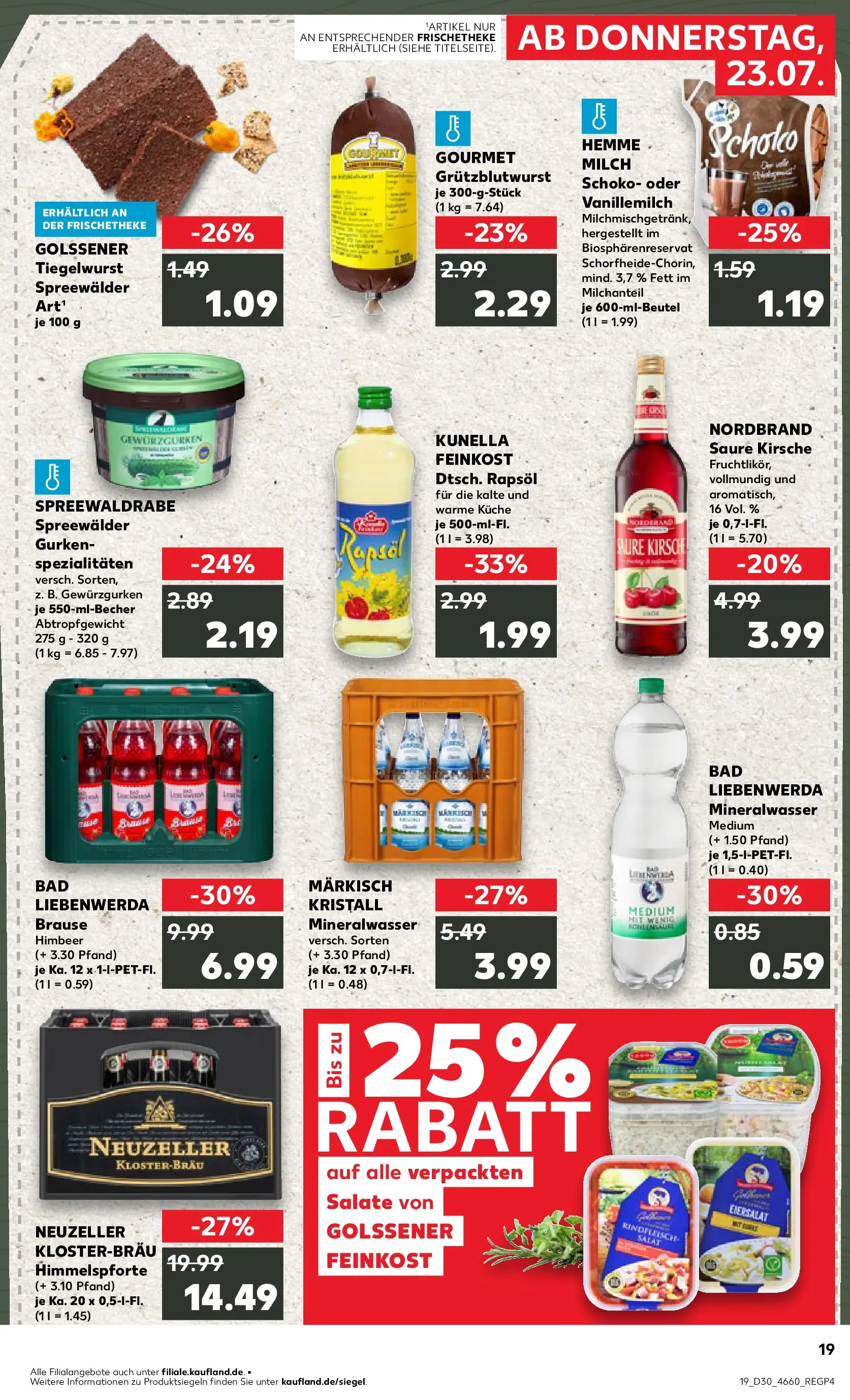 Prospekt Kaufland ab 23.07.2026 » Angebote Online zum Blättern | Seite: 19 | Produkte: Milch, Rapsöl, Gurken, Salat